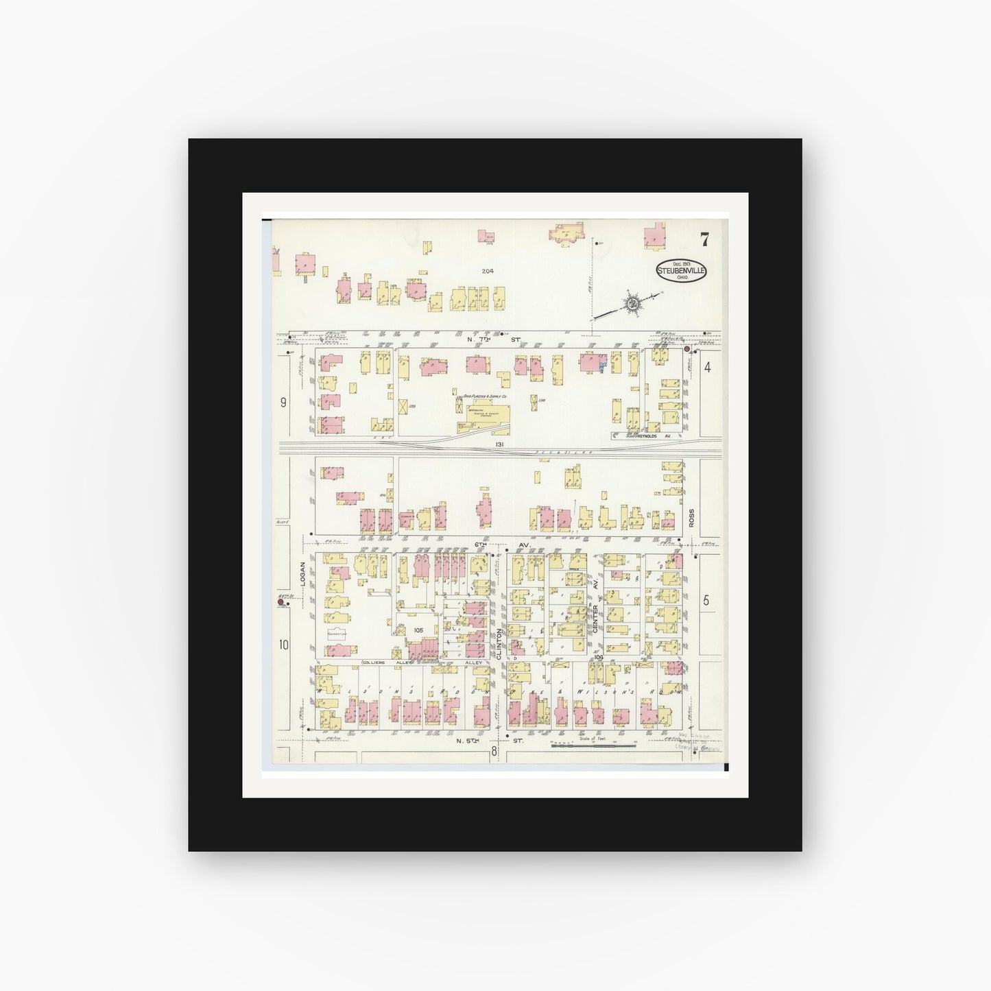 Old map wall art mockup — black gallery frame with white mat — Sanborn Fire Insurance Map from Steubenville, Jefferson County, Ohio (1913), Sheet #0007