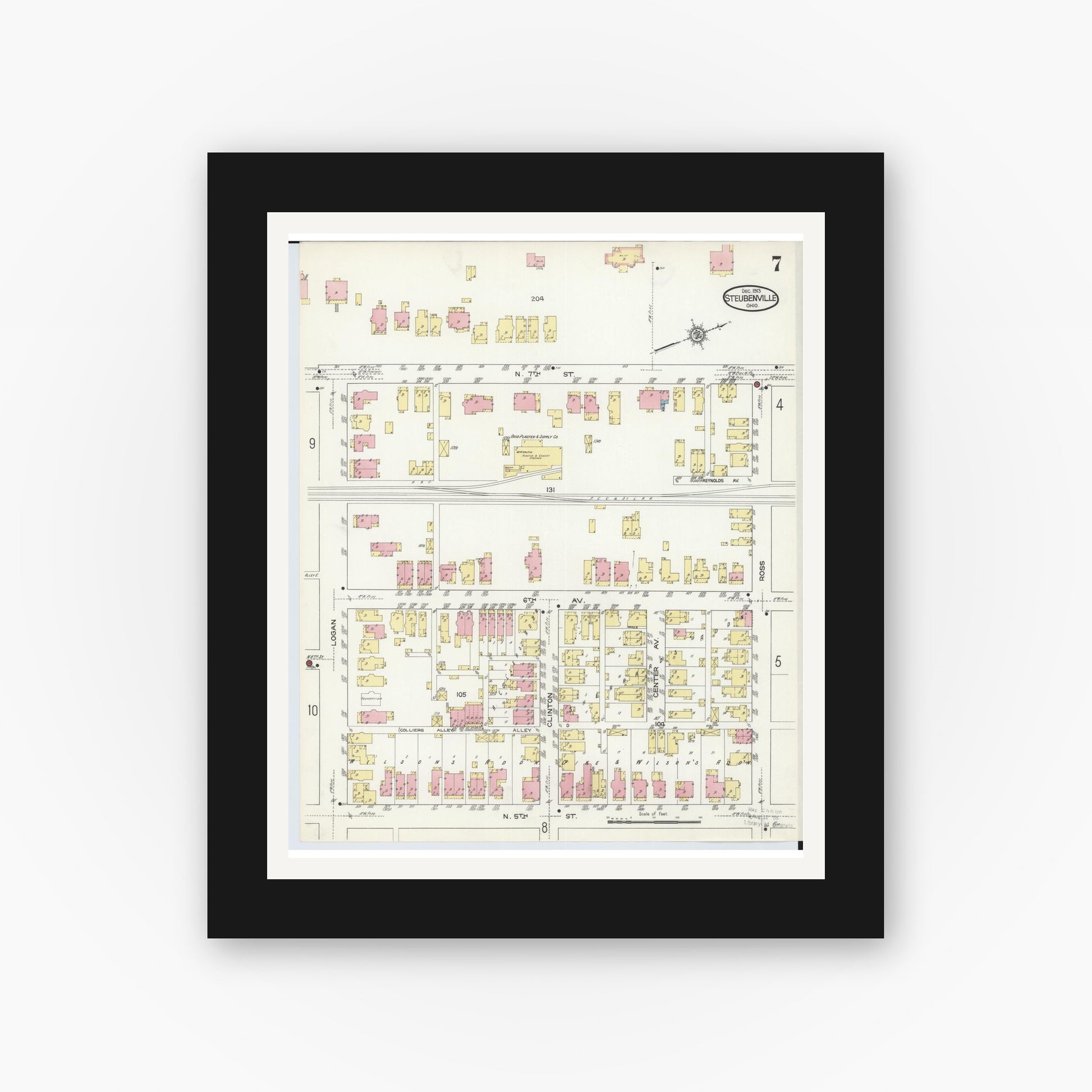 Old map wall art mockup — black gallery frame with white mat — Sanborn Fire Insurance Map from Steubenville, Jefferson County, Ohio (1913), Sheet #0007