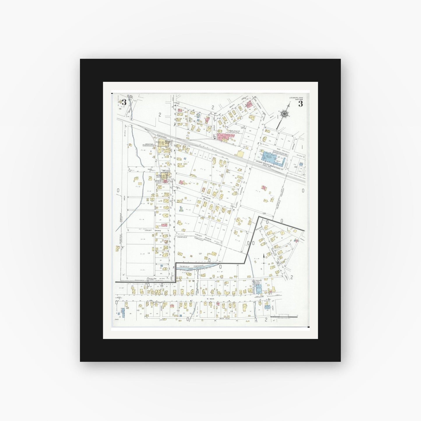 Old map wall art mockup — black gallery frame with white mat — Sanborn Fire Insurance Map from Leesburg, Highland County, Ohio (1948), Sheet #0003