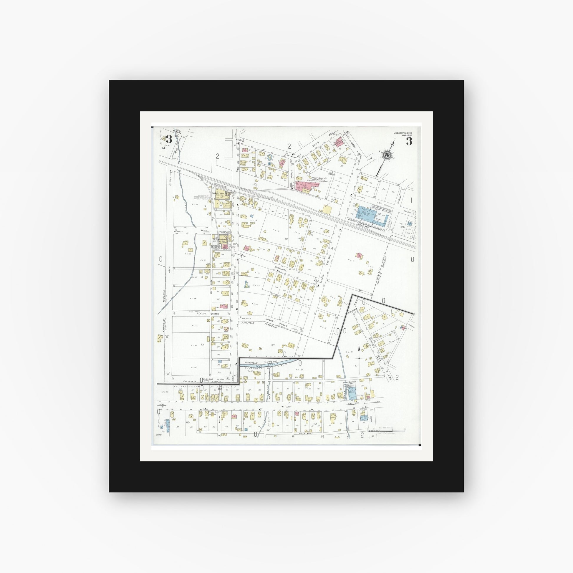 Old map wall art mockup — black gallery frame with white mat — Sanborn Fire Insurance Map from Leesburg, Highland County, Ohio (1948), Sheet #0003