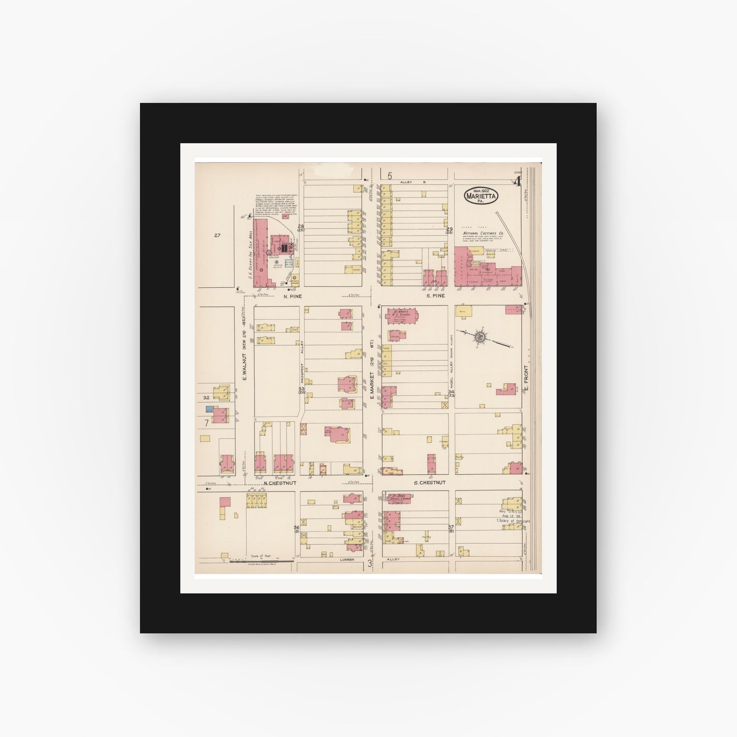 Old map wall art mockup — black gallery frame with white mat — Sanborn Fire Insurance Map from Marietta, Lancaster County, Pennsylvania (1922), Sheet #0004