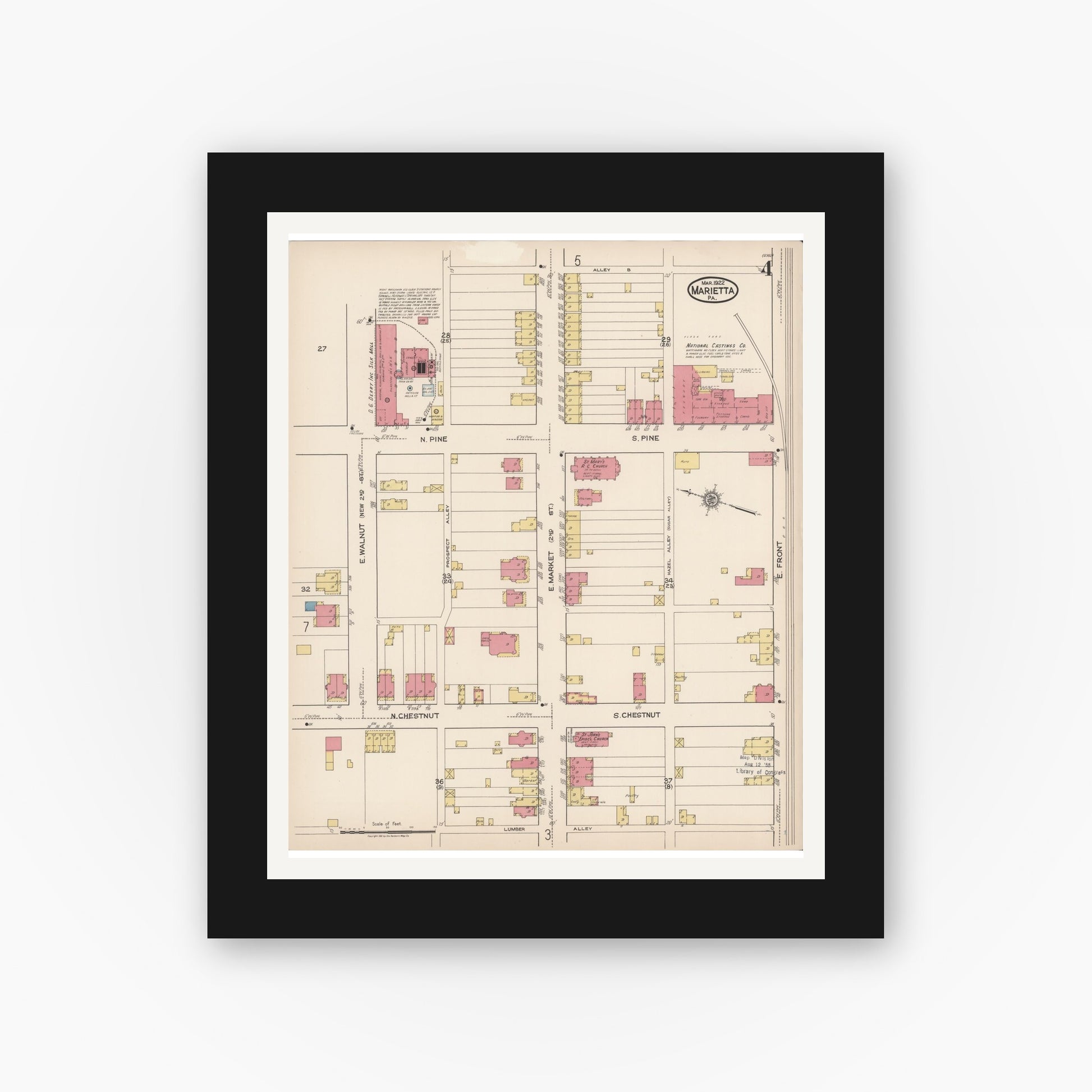 Old map wall art mockup — black gallery frame with white mat — Sanborn Fire Insurance Map from Marietta, Lancaster County, Pennsylvania (1922), Sheet #0004