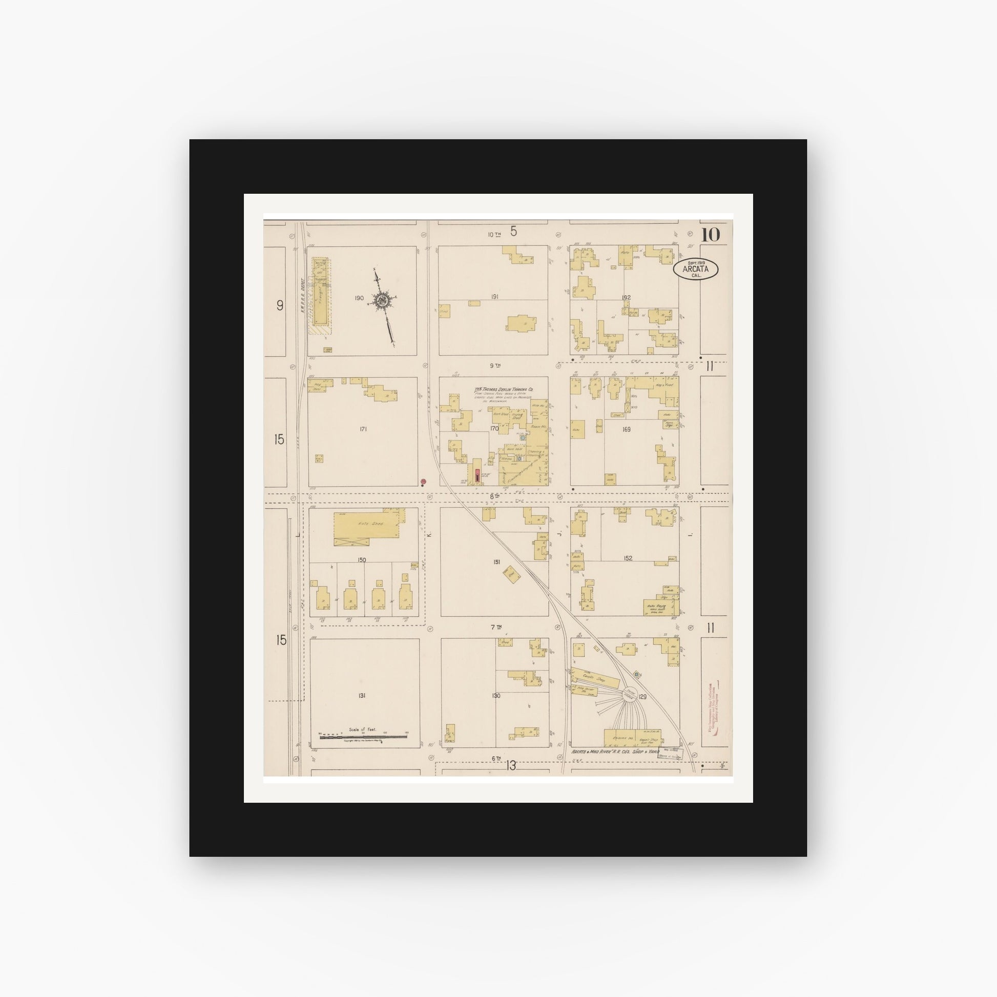 Old map wall art mockup — black gallery frame with white mat — Sanborn Fire Insurance Map from Arcata, Humboldt County, California (1919), Sheet #0010