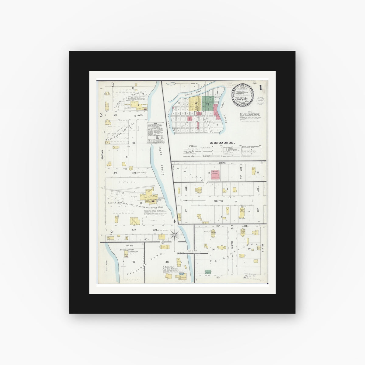 Old map wall art mockup — black gallery frame with white mat — Sanborn Fire Insurance Map from Pine City, Pine County, Minnesota (1899), Sheet #0001