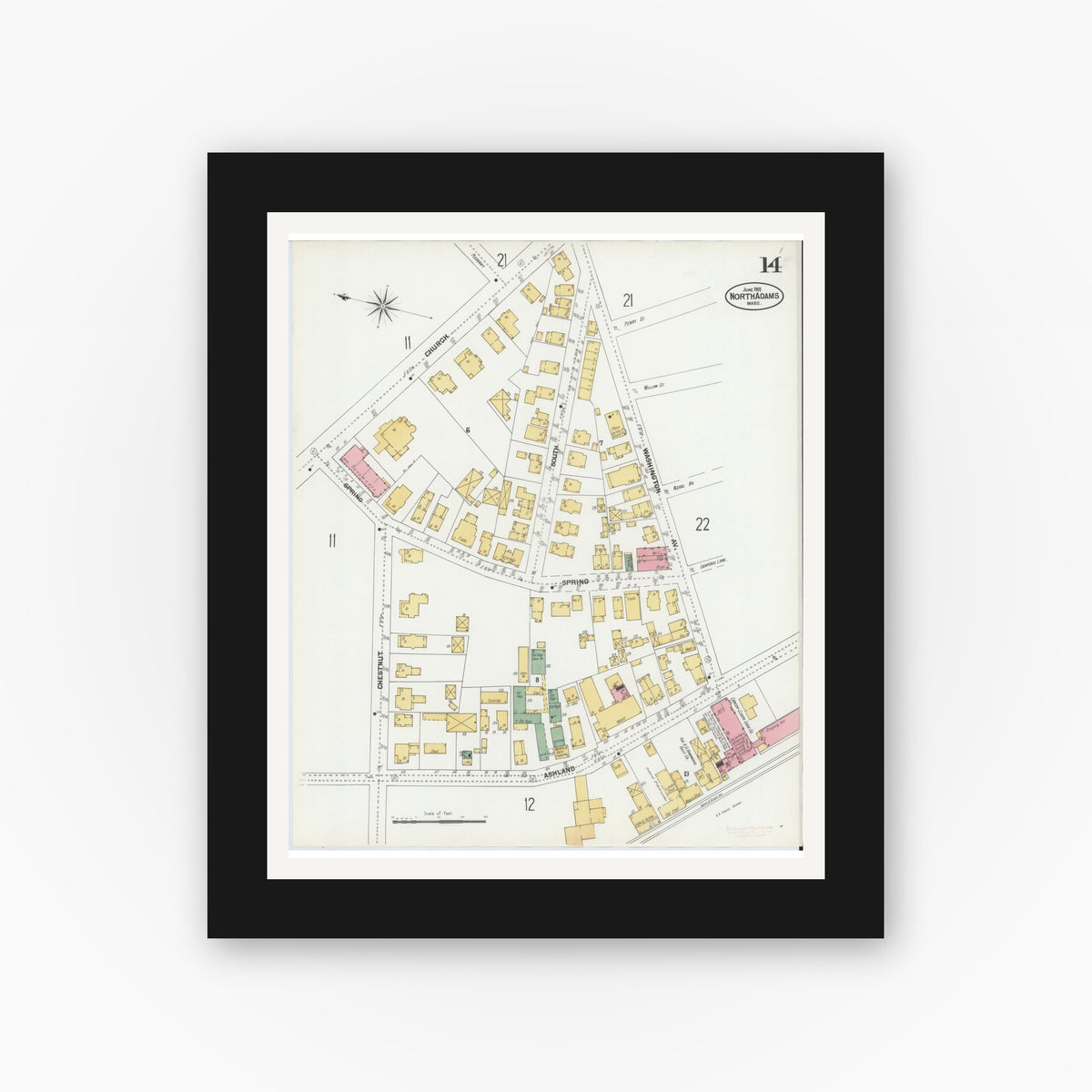 Old map wall art mockup — black gallery frame with white mat — Sanborn Fire Insurance Map from North Adams, Berkshire County, Massachusetts (1901), Sheet #0014