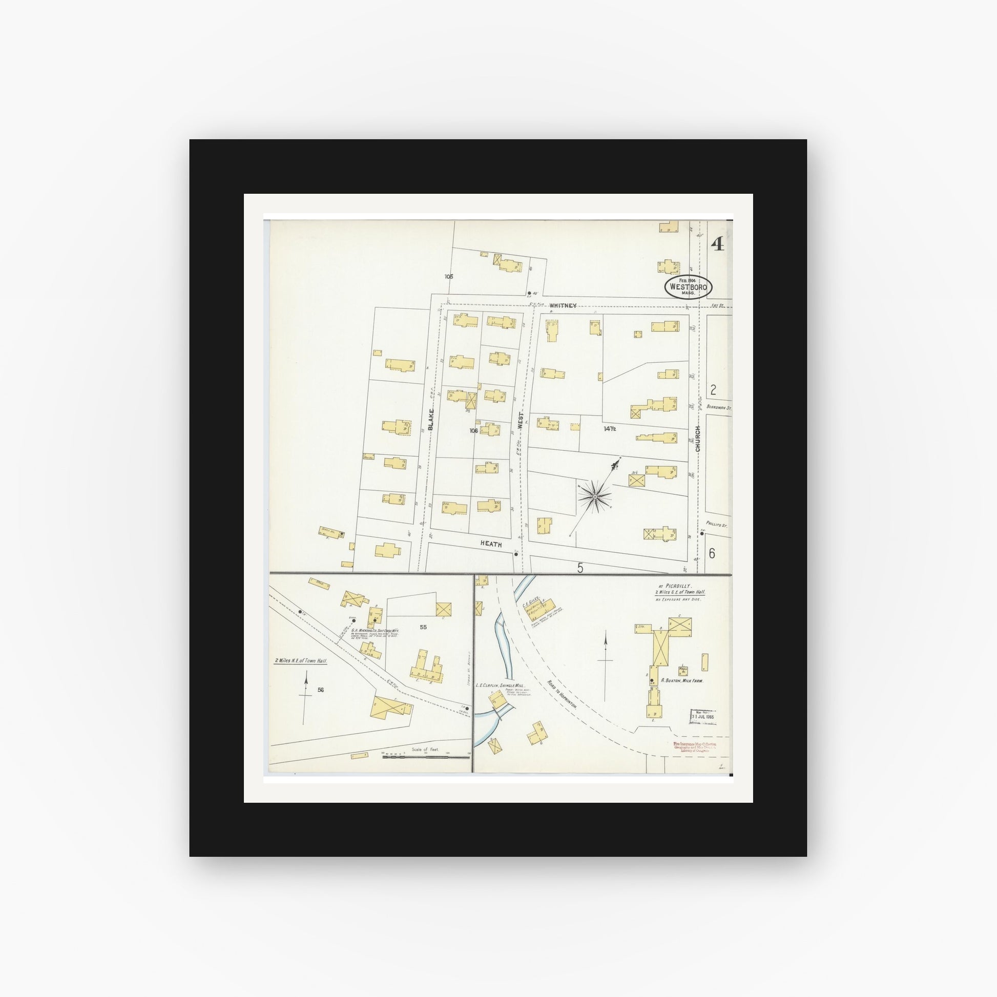Old map wall art mockup — black gallery frame with white mat — Sanborn Fire Insurance Map from Westboro, Worcester County, Massachusetts (1904), Sheet #0004
