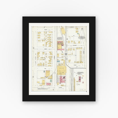 Old map wall art mockup — black gallery frame with white mat — Sanborn Fire Insurance Map from Texarkana, Bowie County, Texas (1905), Sheet #0007