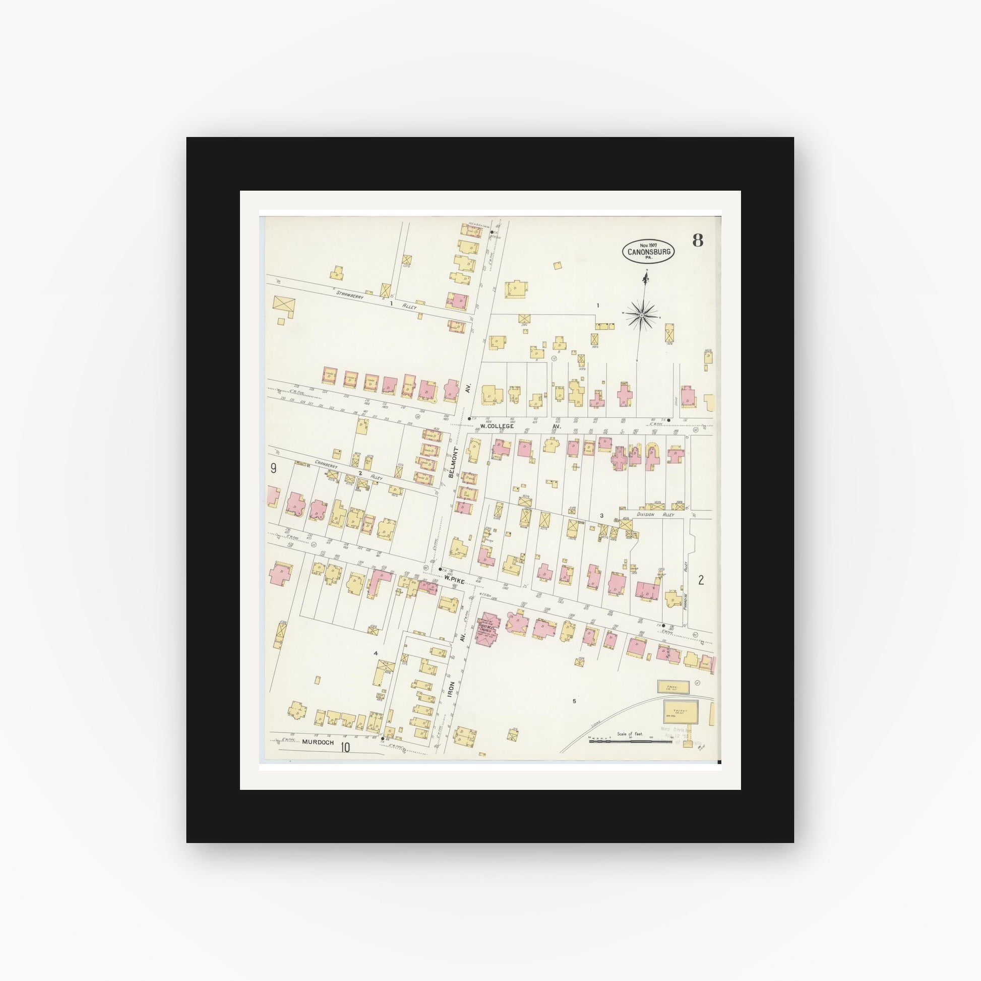 Old map wall art mockup — black gallery frame with white mat — Sanborn Fire Insurance Map from Canonsburg, Washington County, Pennsylvania (1907), Sheet #0008