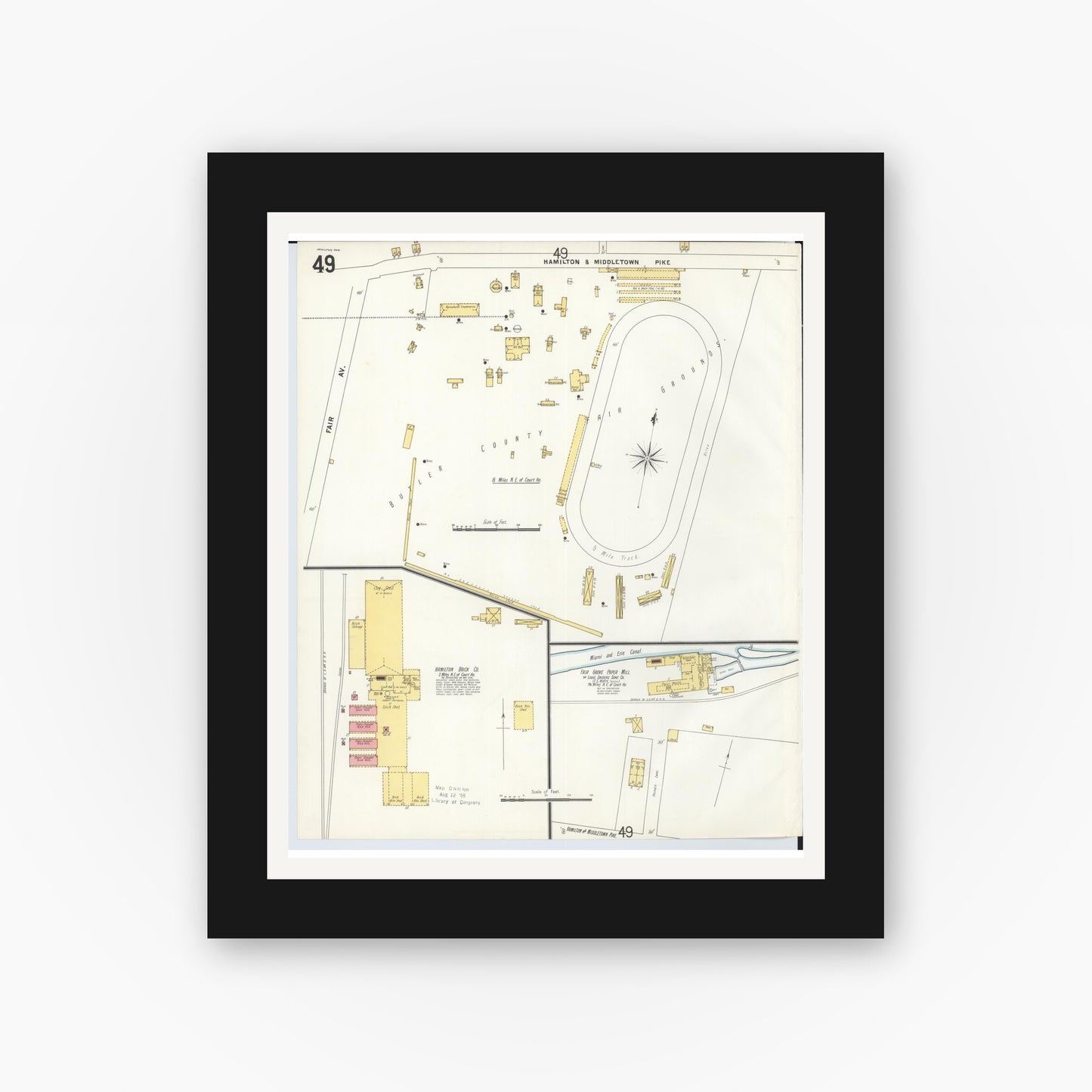 Old map wall art mockup — black gallery frame with white mat — Sanborn Fire Insurance Map from Hamilton, Butler County, Ohio (1899), Sheet #0049