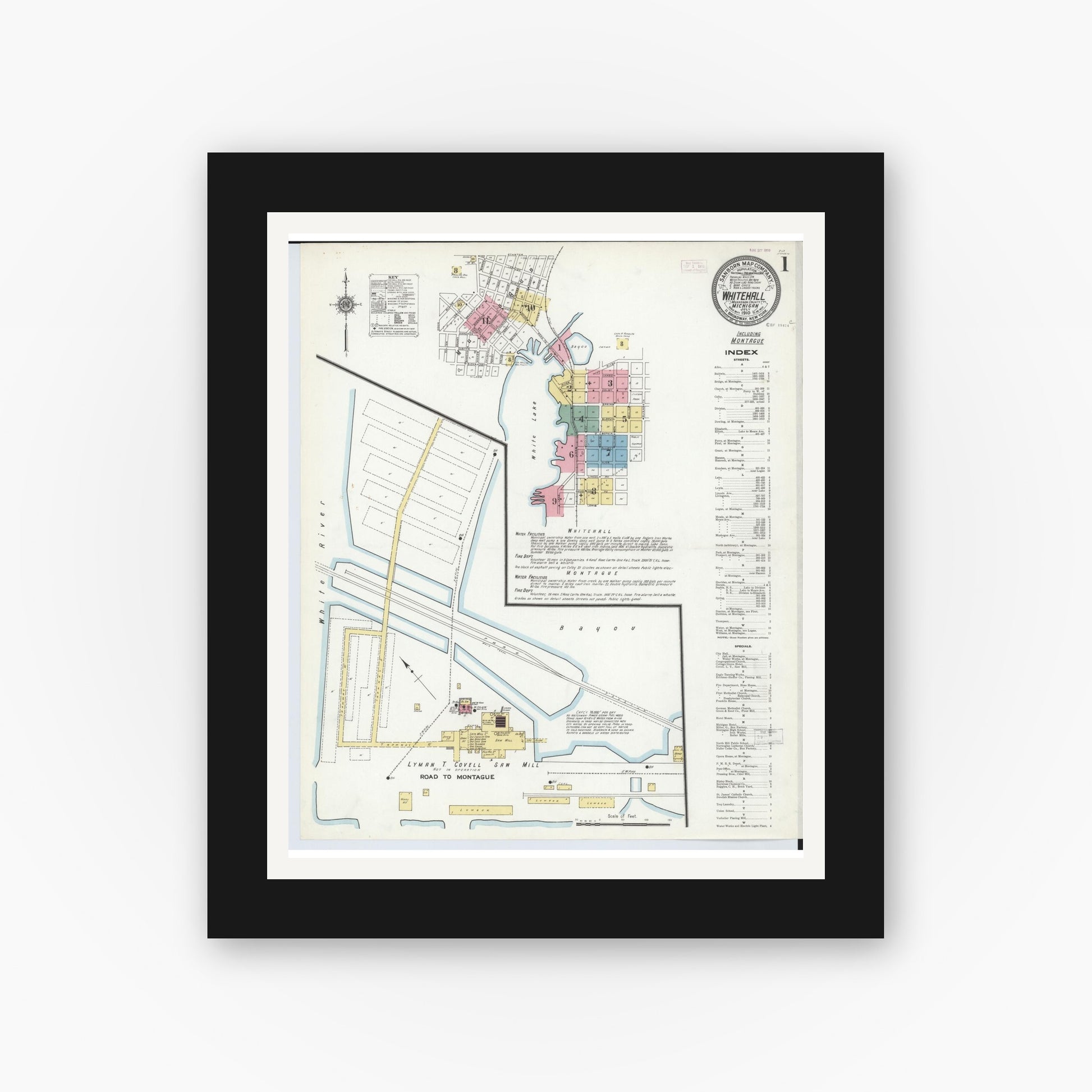 Old map wall art mockup — black gallery frame with white mat — Sanborn Fire Insurance Map from Whitehall, Muskegon County, Michigan (1910) - Complete Map Set