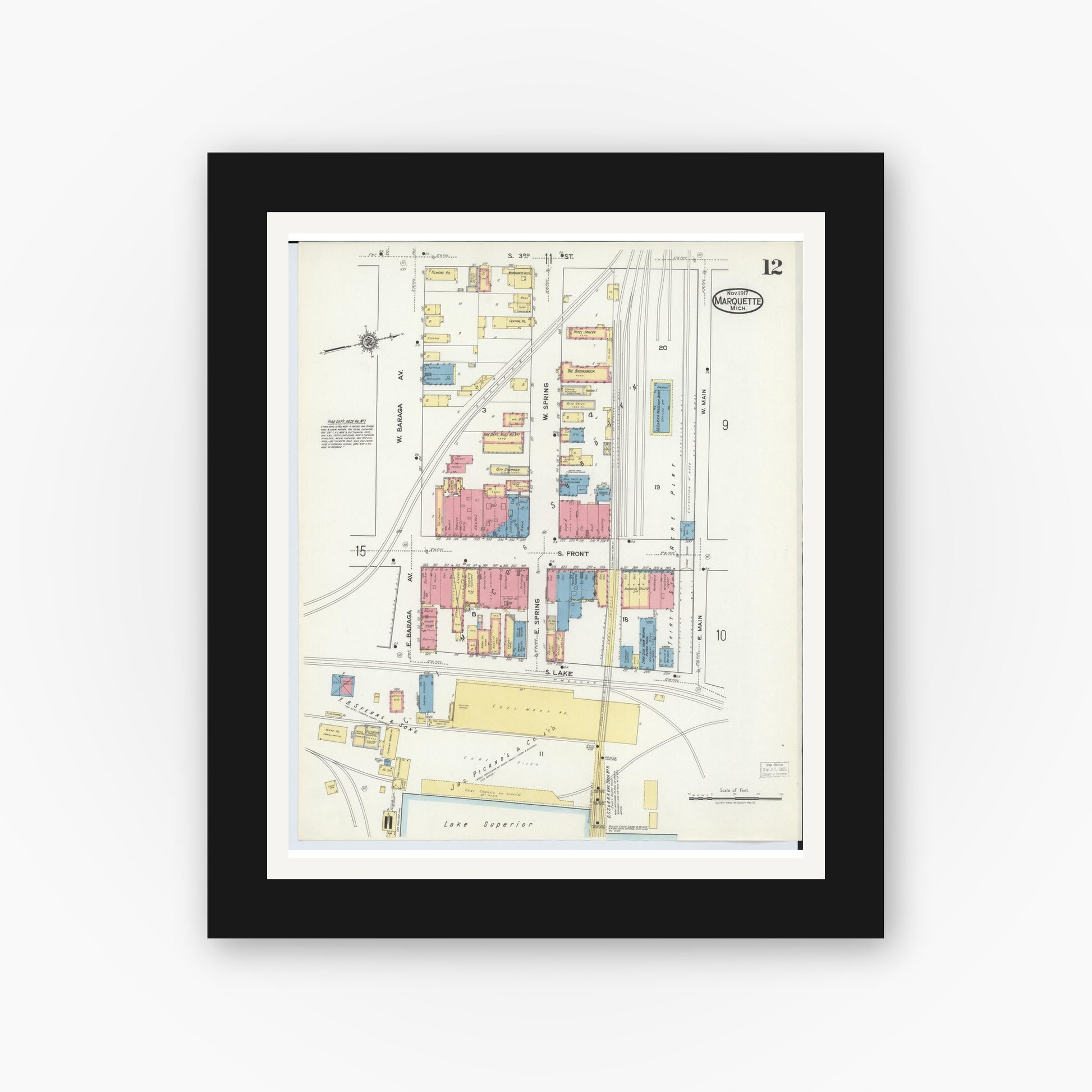 Old map wall art mockup — black gallery frame with white mat — Sanborn Fire Insurance Map from Marquette, Marquette County, Michigan (1917), Sheet #0012
