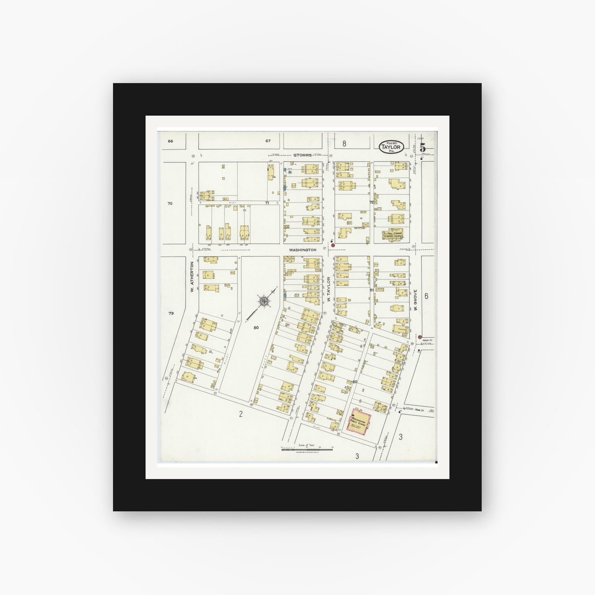 Old map wall art mockup — black gallery frame with white mat — Sanborn Fire Insurance Map from Taylor, Lackawanna County, Pennsylvania (1921), Sheet #0005
