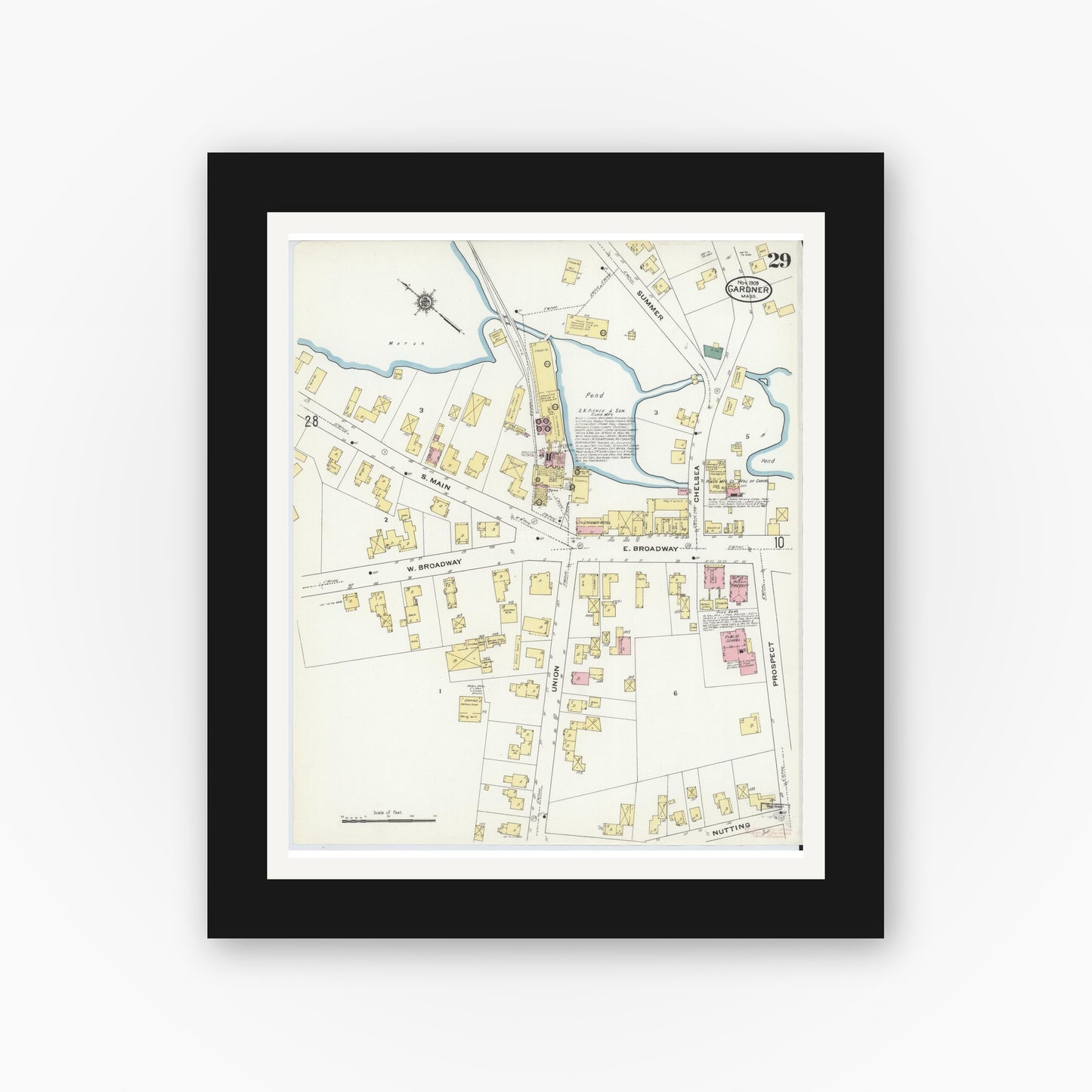 Old map wall art mockup — black gallery frame with white mat — Sanborn Fire Insurance Map from Gardner, Worcester County, Massachusetts (1909), Sheet #0029