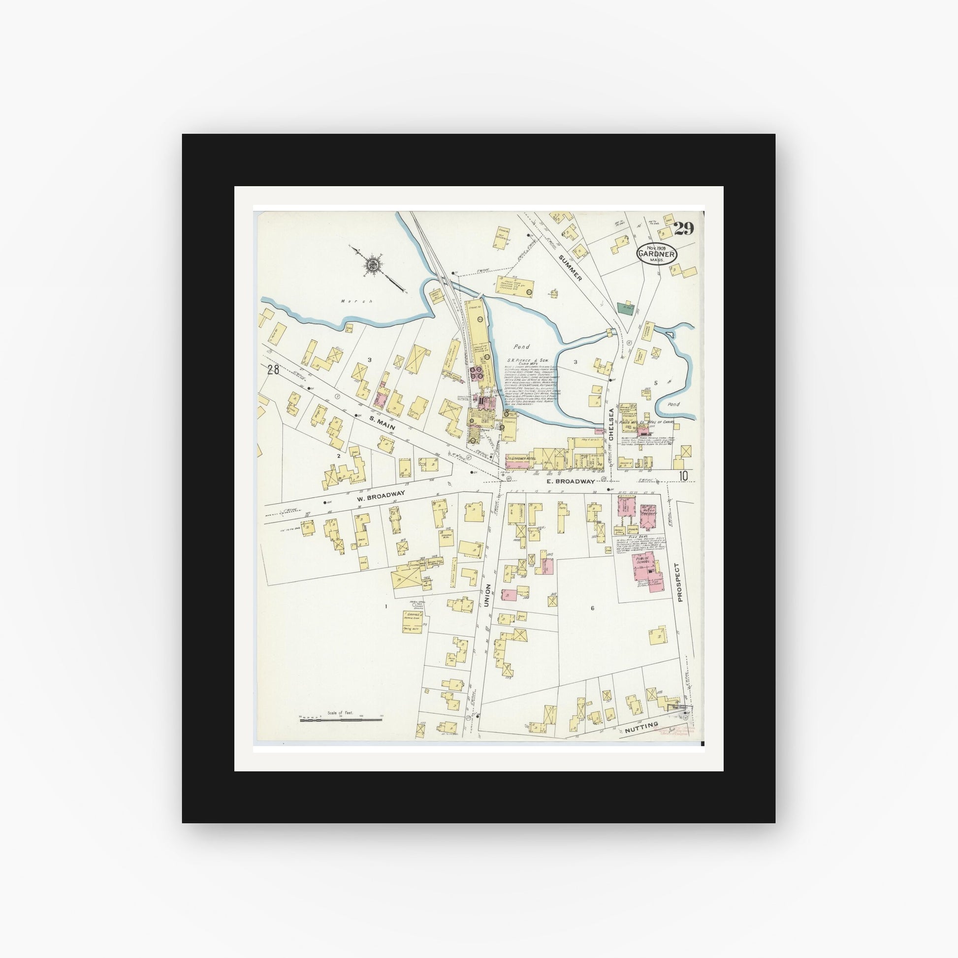 Old map wall art mockup — black gallery frame with white mat — Sanborn Fire Insurance Map from Gardner, Worcester County, Massachusetts (1909), Sheet #0029