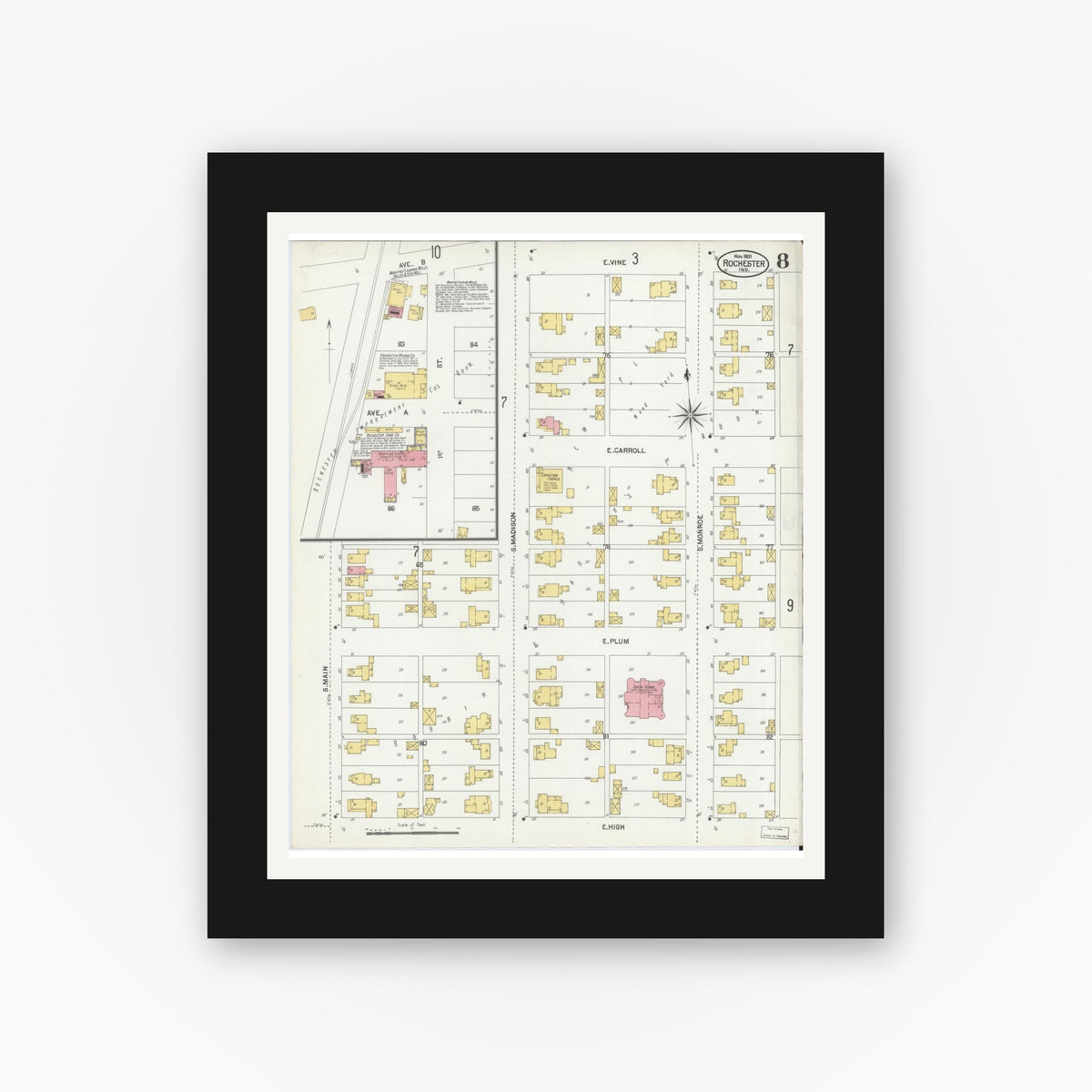 Old map wall art mockup — black gallery frame with white mat — Sanborn Fire Insurance Map from Rochester, Fulton County, Indiana (1901), Sheet #0008