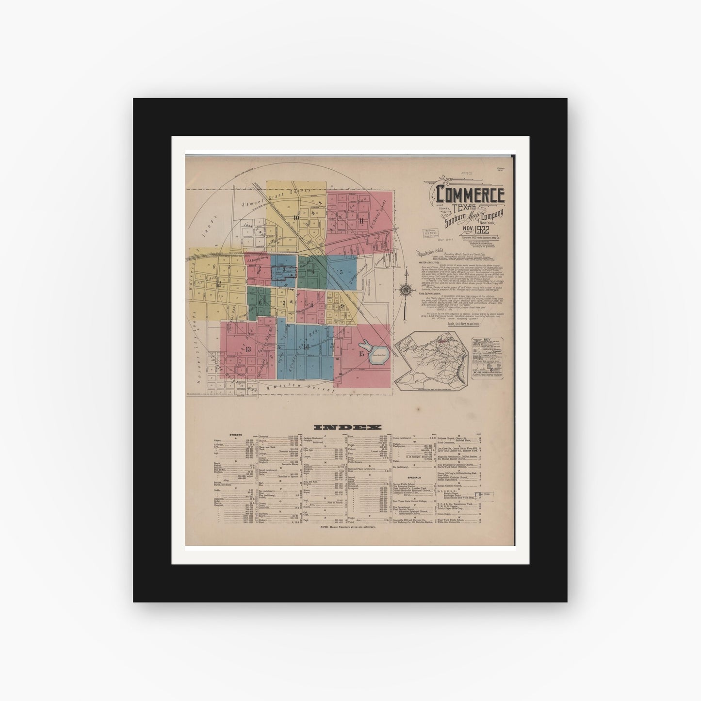 Old map wall art mockup — black gallery frame with white mat — Sanborn Fire Insurance Map from Commerce, Hunt County, Texas (1922), Sheet #0001