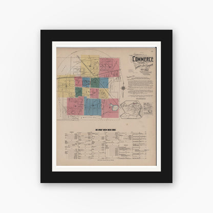 Old map wall art mockup — black gallery frame with white mat — Sanborn Fire Insurance Map from Commerce, Hunt County, Texas (1922), Sheet #0001
