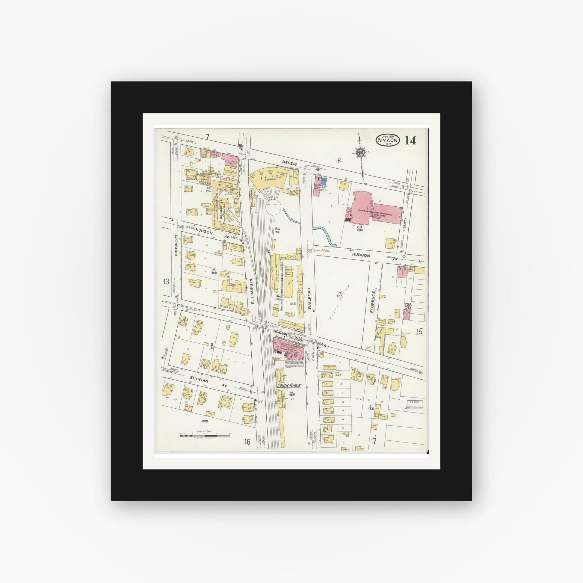 Old map wall art mockup — black gallery frame with white mat — Sanborn Fire Insurance Map from Nyack, Rockland County, New York. (1919), Sheet #0014
