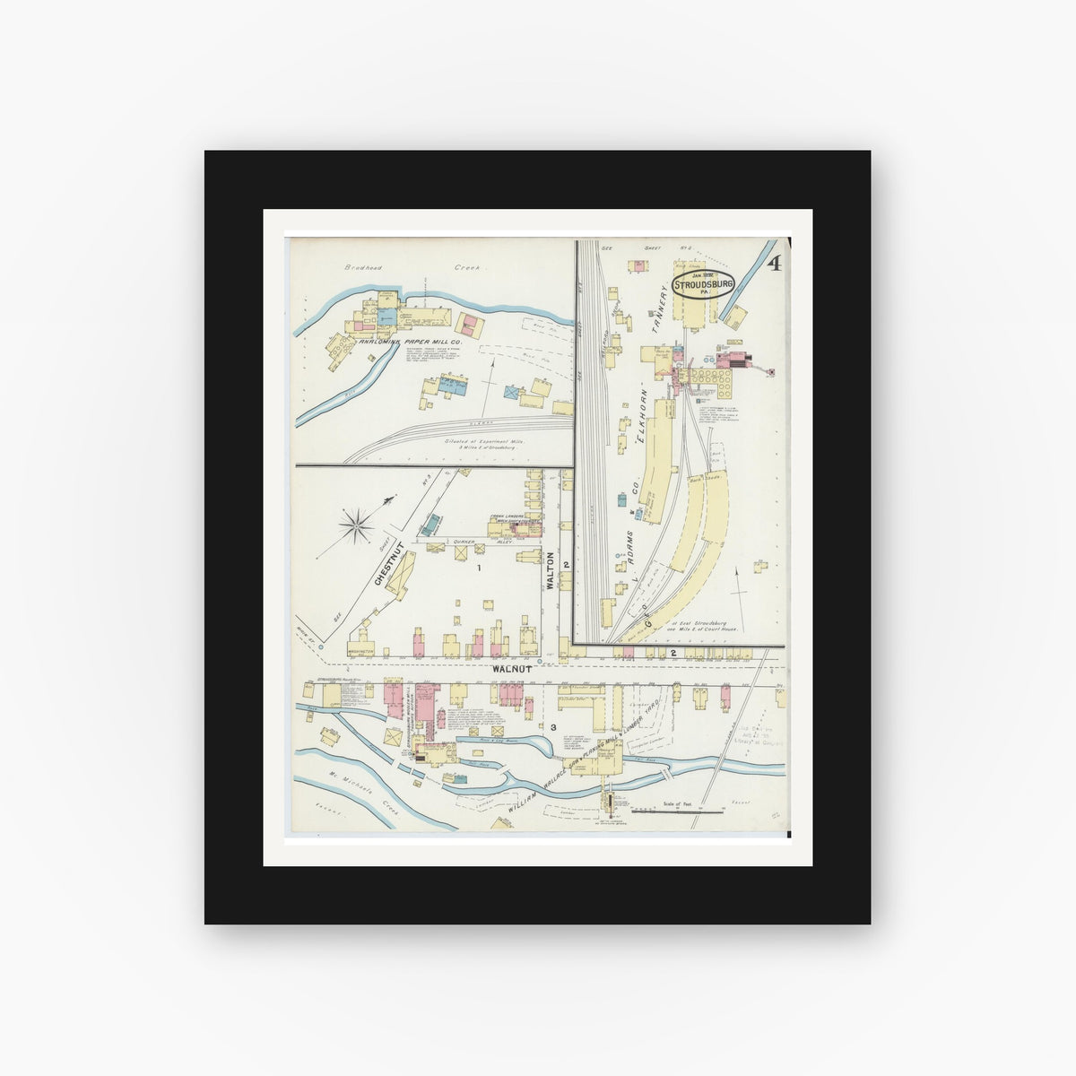 Old map wall art mockup — black gallery frame with white mat — Sanborn Fire Insurance Map from Stroudsburg, Monroe County, Pennsylvania (1892), Sheet #0004