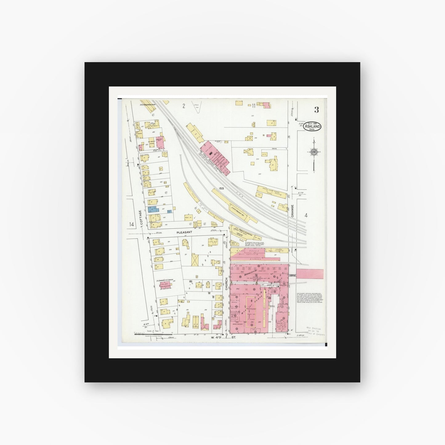 Old map wall art mockup — black gallery frame with white mat — Sanborn Fire Insurance Map from Ashland, Ashland County, Ohio (1919), Sheet #0003