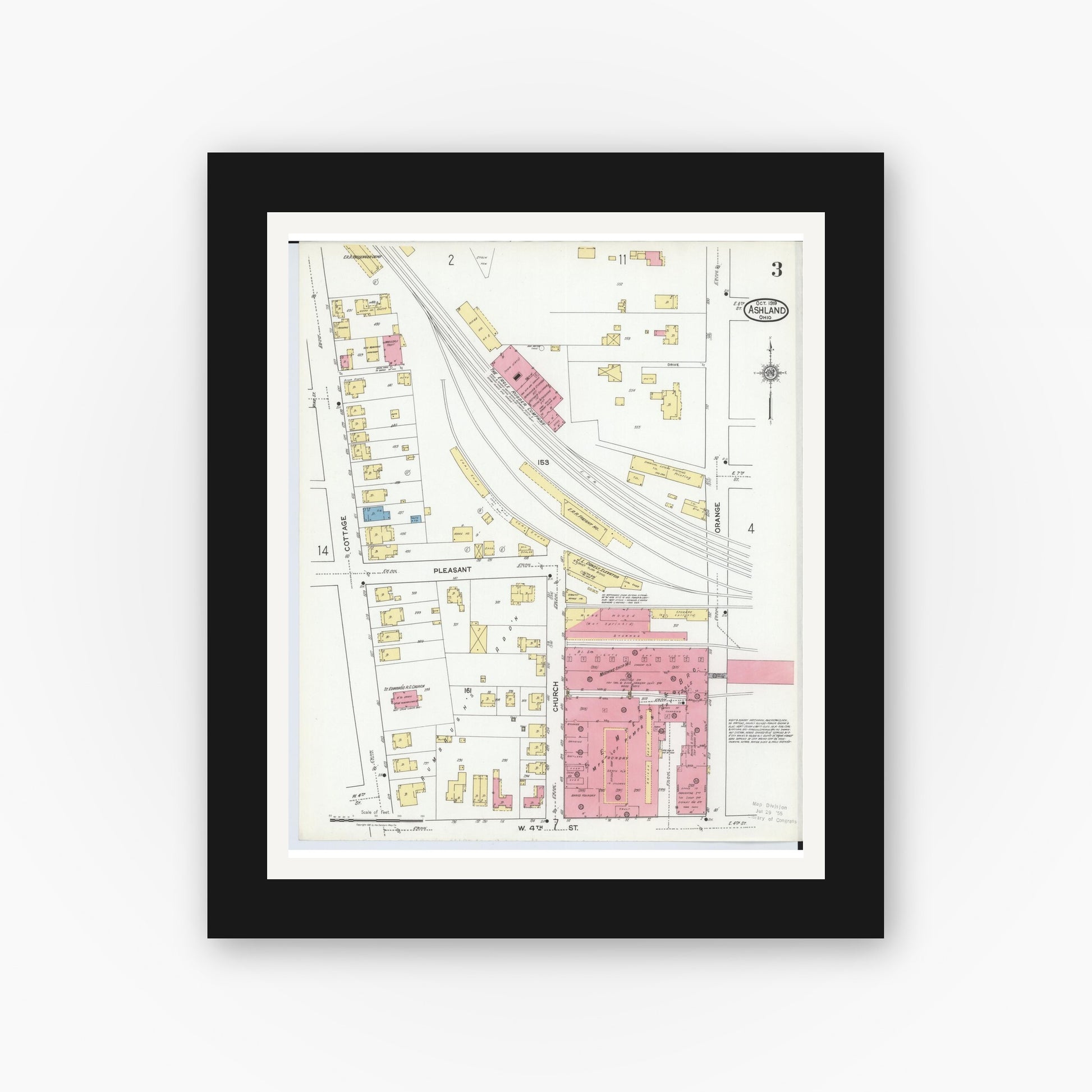 Old map wall art mockup — black gallery frame with white mat — Sanborn Fire Insurance Map from Ashland, Ashland County, Ohio (1919), Sheet #0003