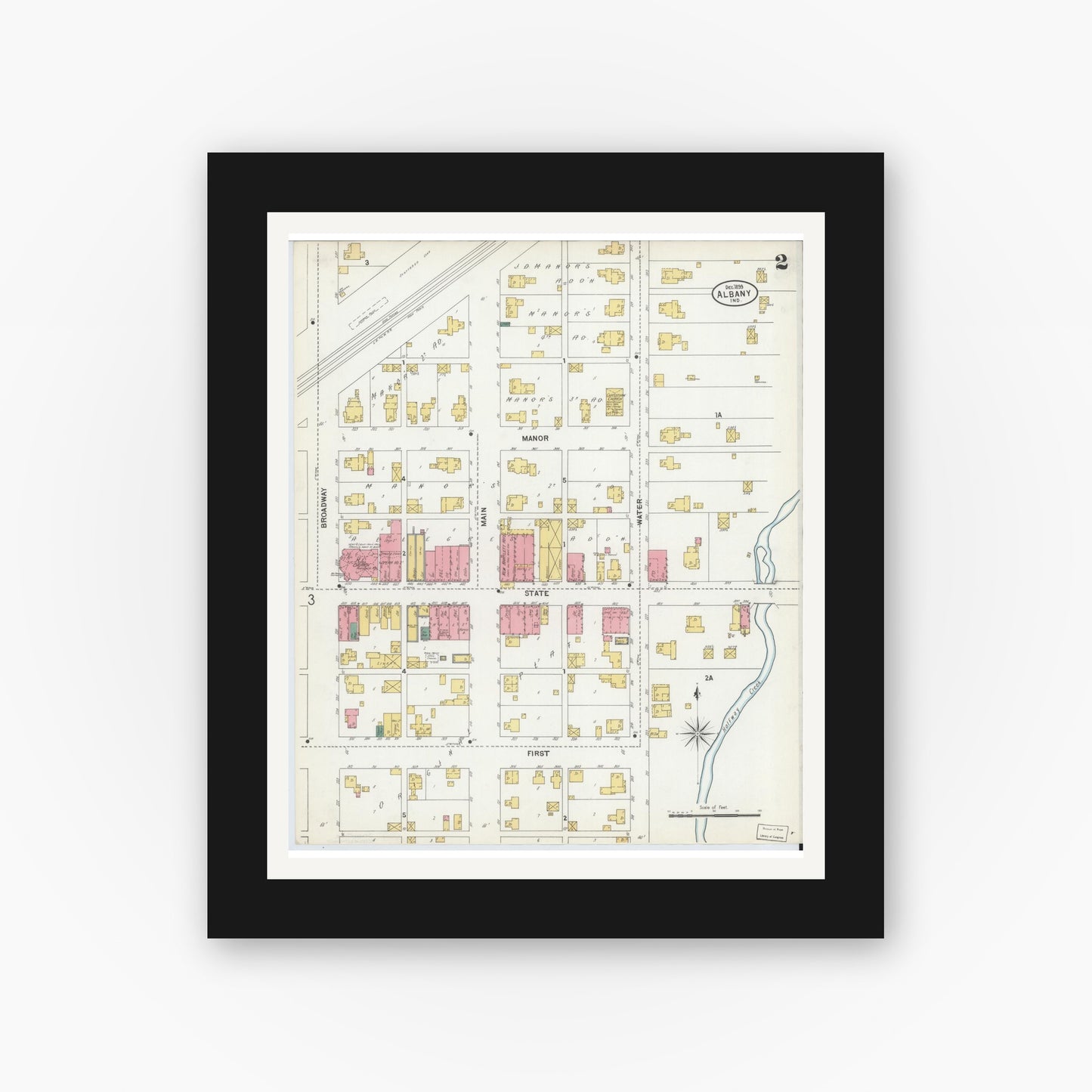 Old map wall art mockup — black gallery frame with white mat — Sanborn Fire Insurance Map from Albany, Delaware County, Indiana (1899), Sheet #0002