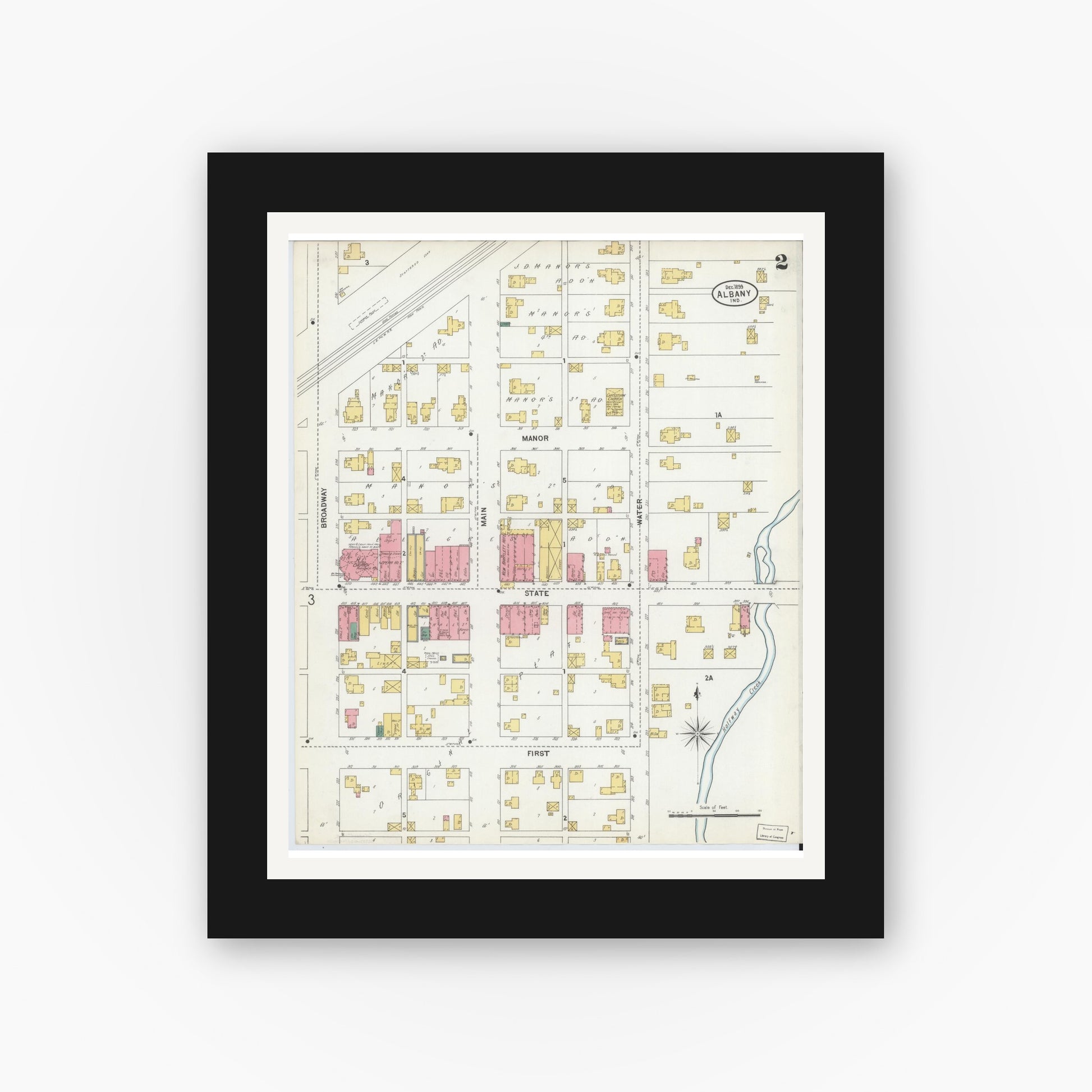 Old map wall art mockup — black gallery frame with white mat — Sanborn Fire Insurance Map from Albany, Delaware County, Indiana (1899), Sheet #0002