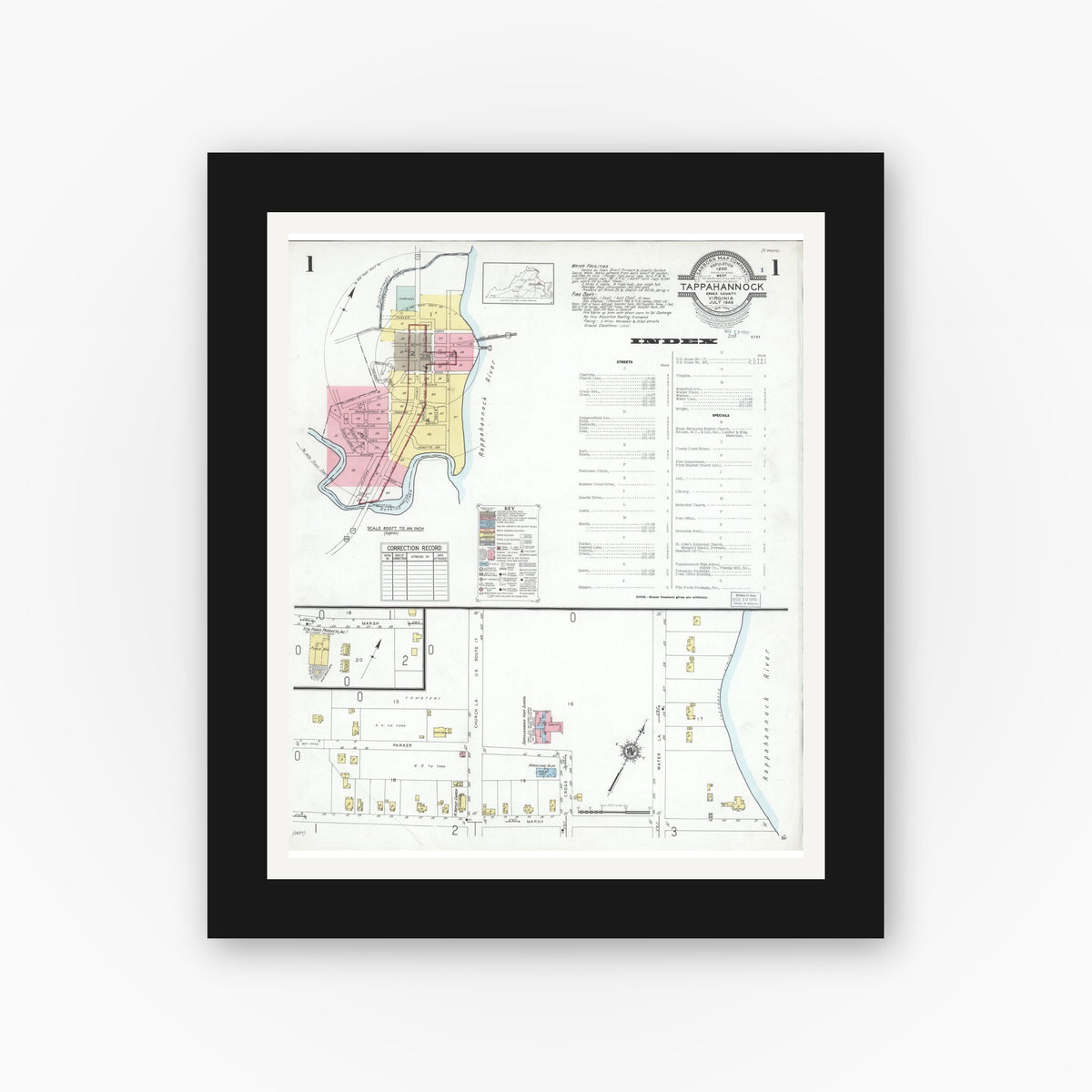 Old map wall art mockup — black gallery frame with white mat — Sanborn Fire Insurance Map from Tappahannock, Essex County, Virginia (1949) - Complete Map Set