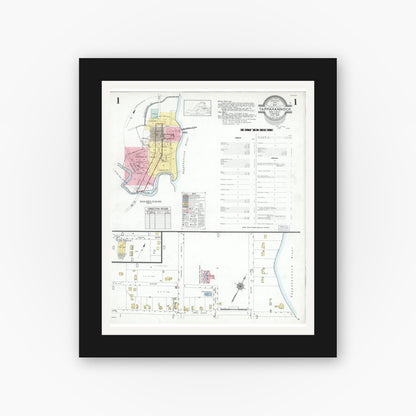 Old map wall art mockup — black gallery frame with white mat — Sanborn Fire Insurance Map from Tappahannock, Essex County, Virginia (1949) - Complete Map Set