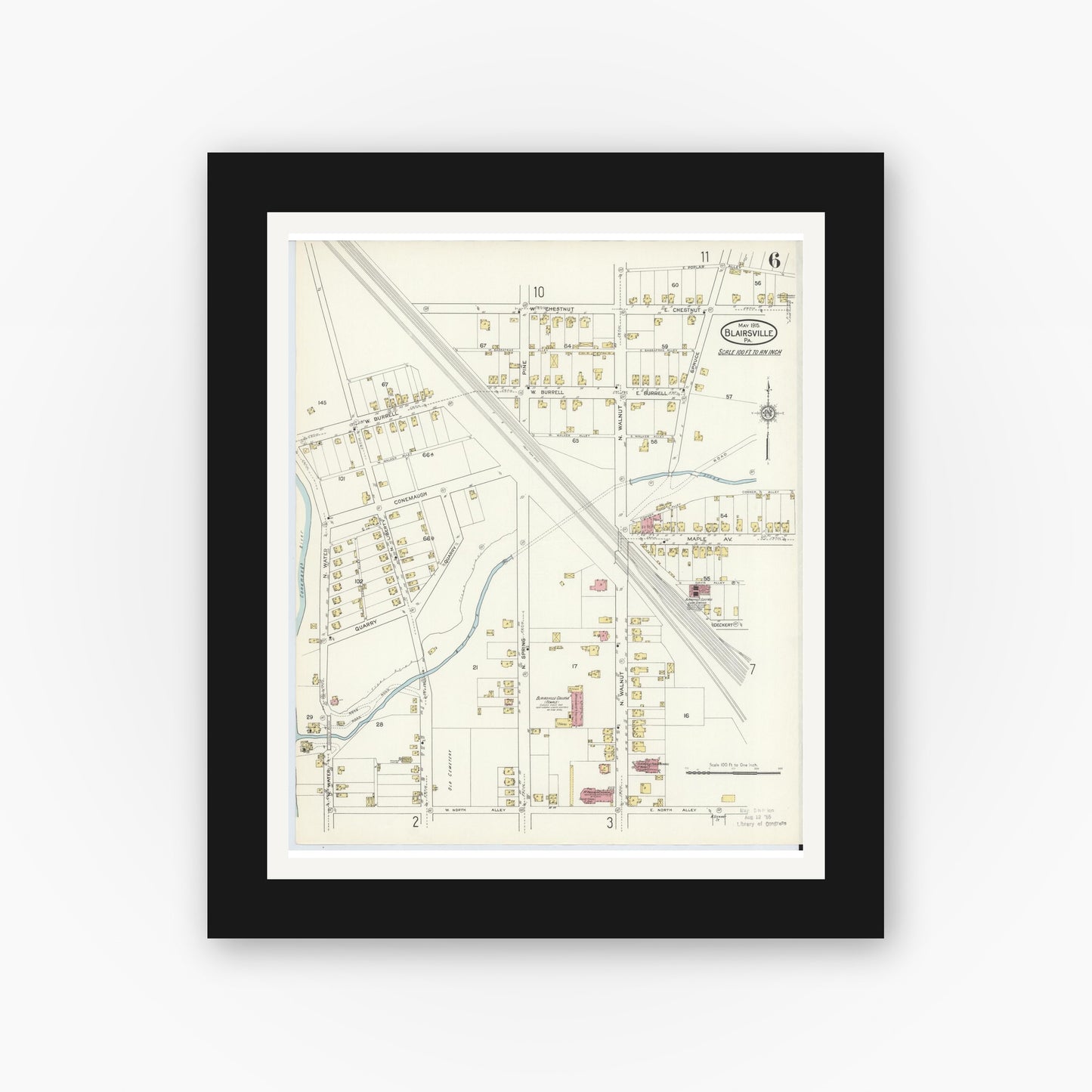 Old map wall art mockup — black gallery frame with white mat — Sanborn Fire Insurance Map from Blairsville, Indiana County, Pennsylvania (1915), Sheet #0006