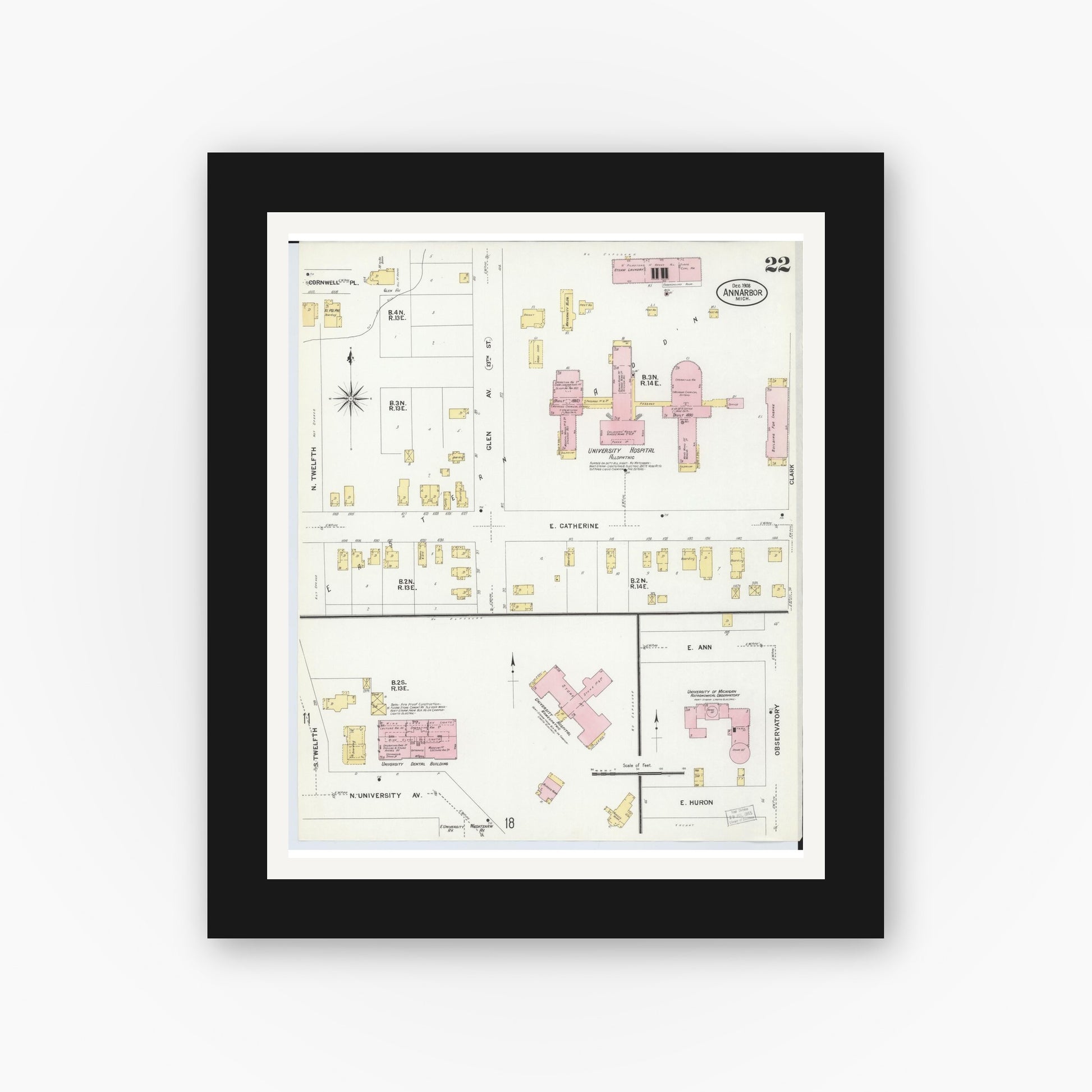 Old map wall art mockup — black gallery frame with white mat — Sanborn Fire Insurance Map from Ann Arbor, Washtenaw County, Michigan (1908), Sheet #0022