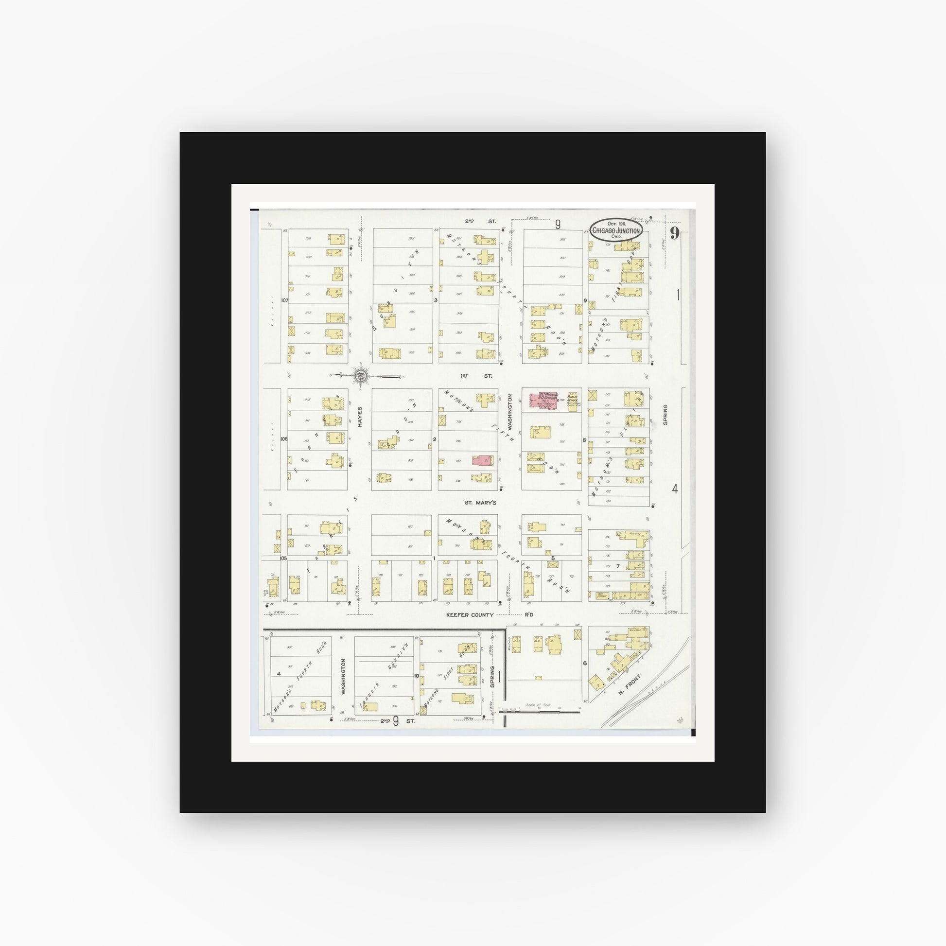 Old map wall art mockup — black gallery frame with white mat — Sanborn Fire Insurance Map from Chicago Junction, Huron County, Ohio (1911), Sheet #0009