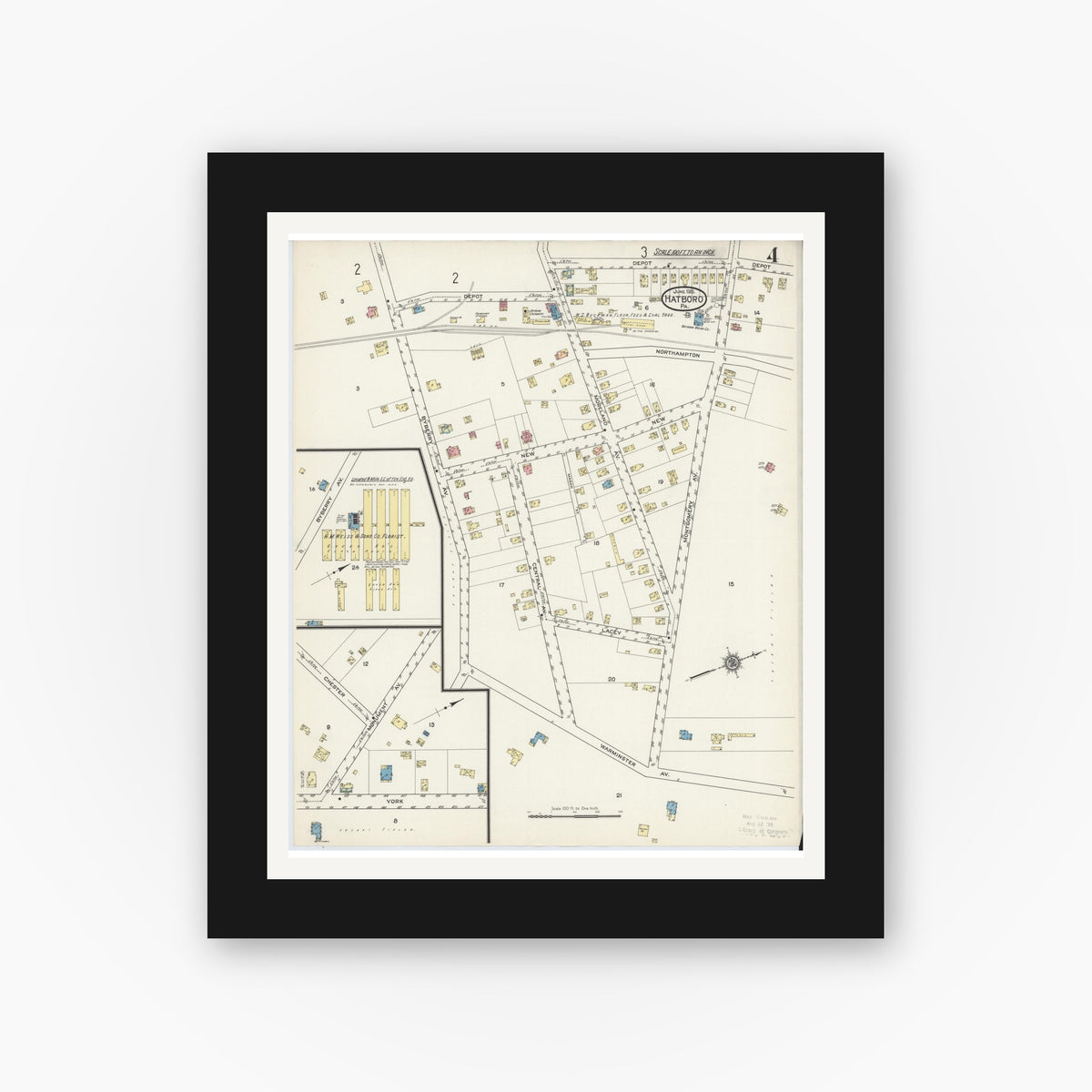 Old map wall art mockup — black gallery frame with white mat — Sanborn Fire Insurance Map from Hatboro, Montgomery County, Pennsylvania (1915), Sheet #0004