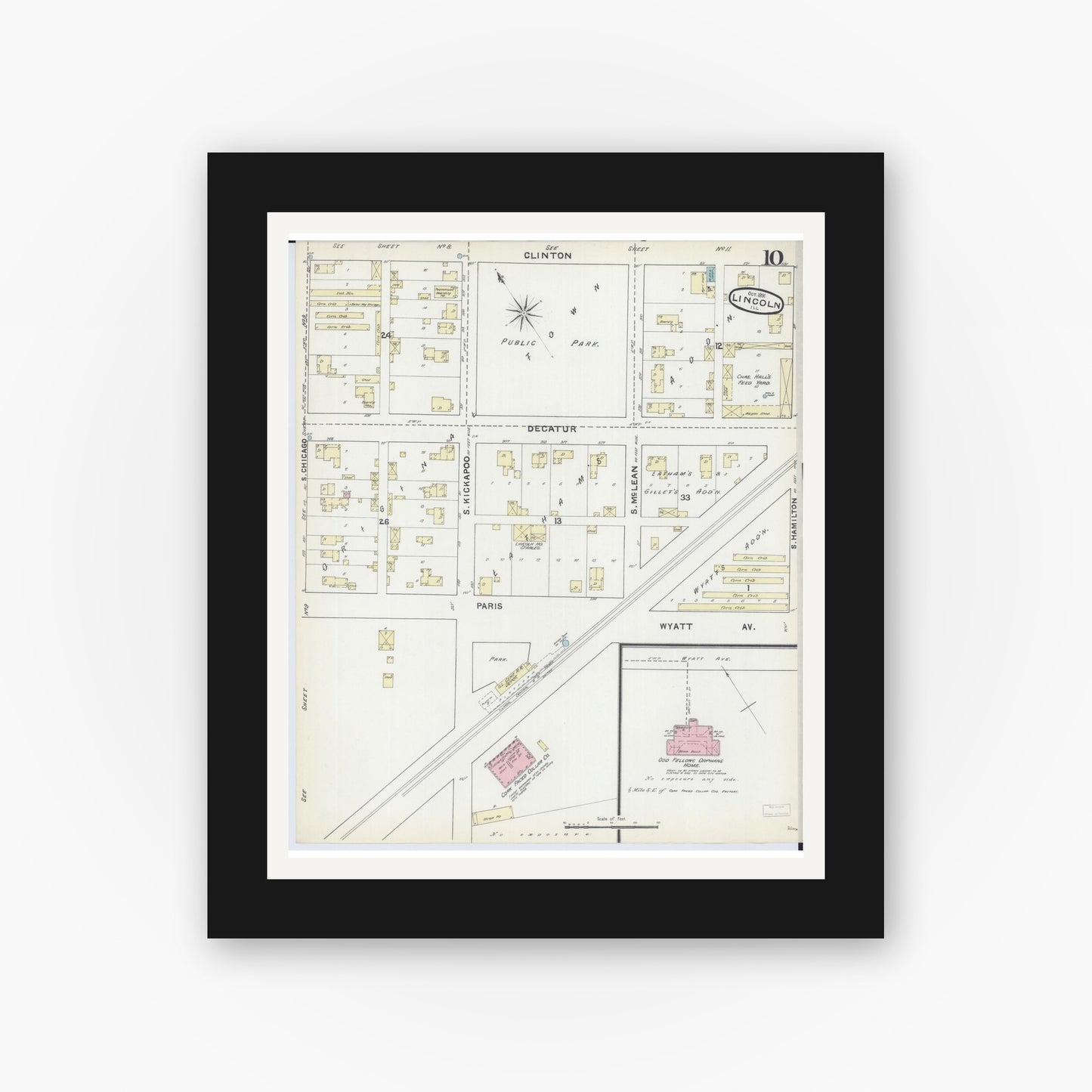 Old map wall art mockup — black gallery frame with white mat — Sanborn Fire Insurance Map from Lincoln, Logan County, Illinois (1891), Sheet #0010