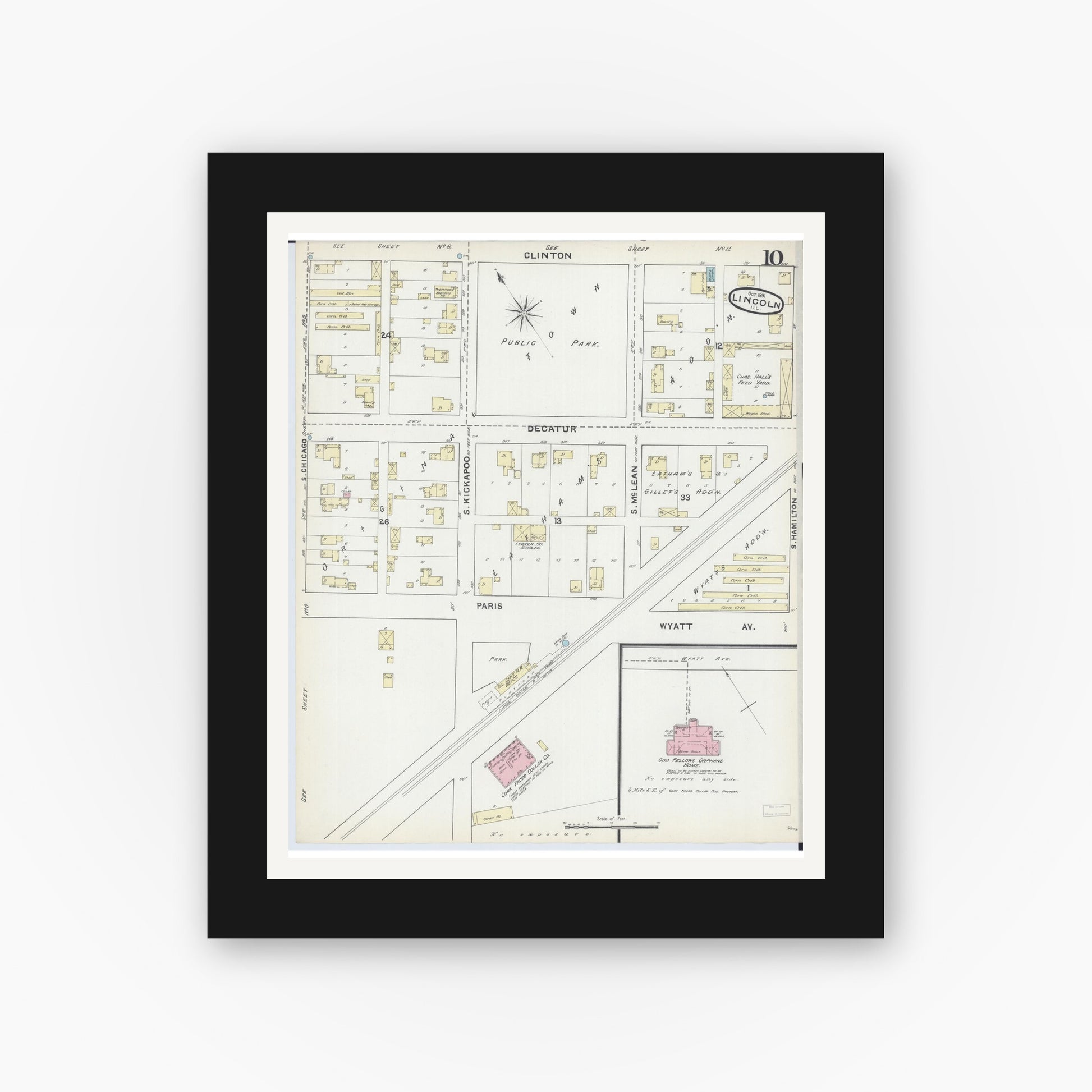 Old map wall art mockup — black gallery frame with white mat — Sanborn Fire Insurance Map from Lincoln, Logan County, Illinois (1891), Sheet #0010