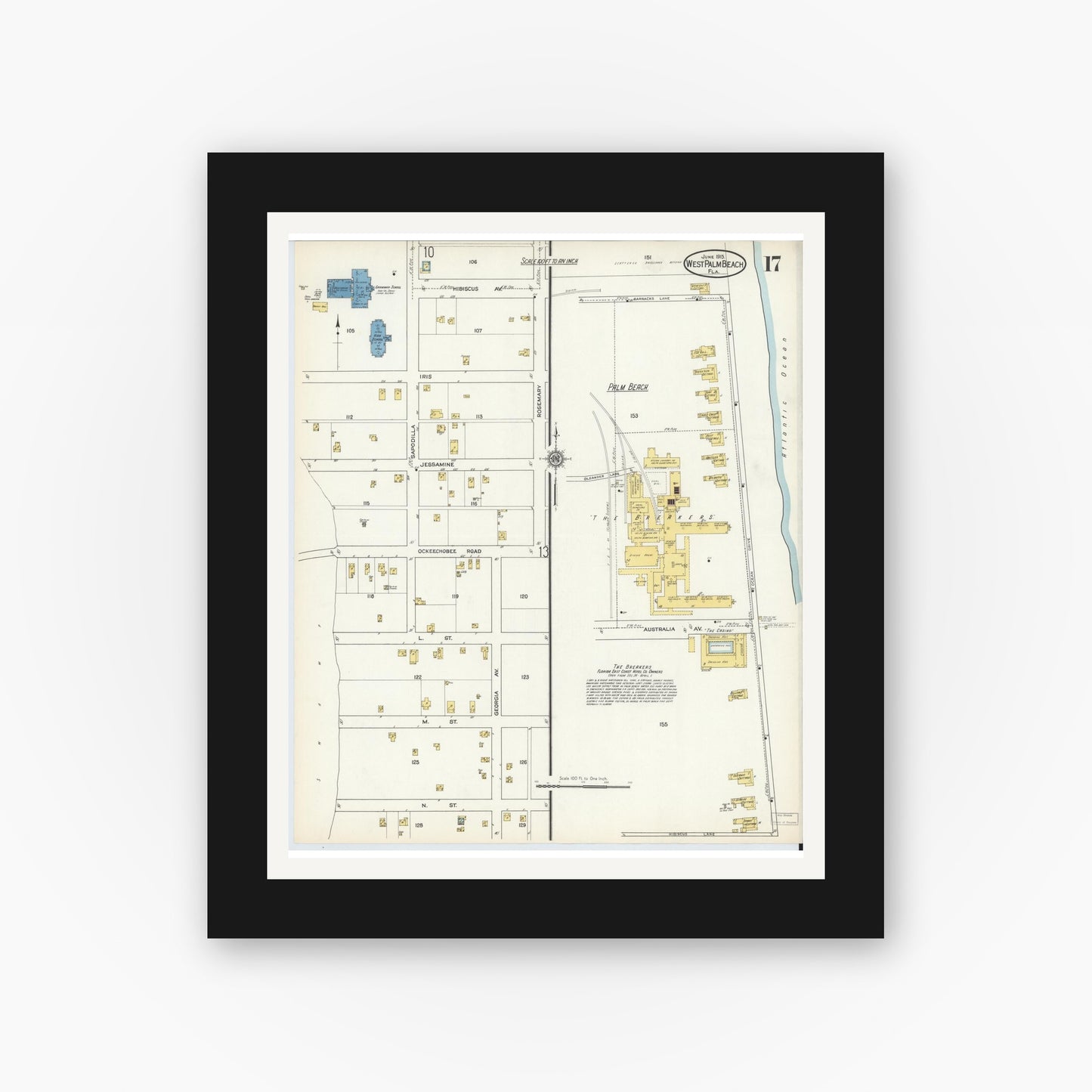 Old map wall art mockup — black gallery frame with white mat — Sanborn Fire Insurance Map from West Palm Beach, Dade County, Florida (1915), Sheet #0017