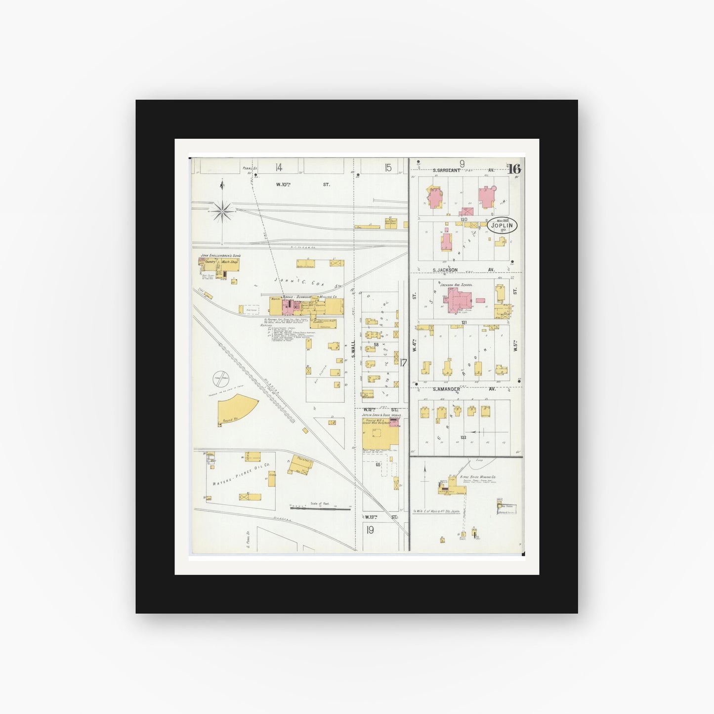 Old map wall art mockup — black gallery frame with white mat — Sanborn Fire Insurance Map from Joplin, Jasper County, Missouri (1900), Sheet #0016