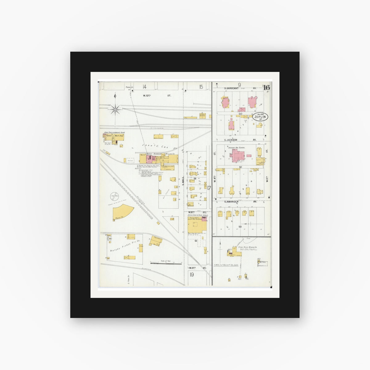 Old map wall art mockup — black gallery frame with white mat — Sanborn Fire Insurance Map from Joplin, Jasper County, Missouri (1900), Sheet #0016