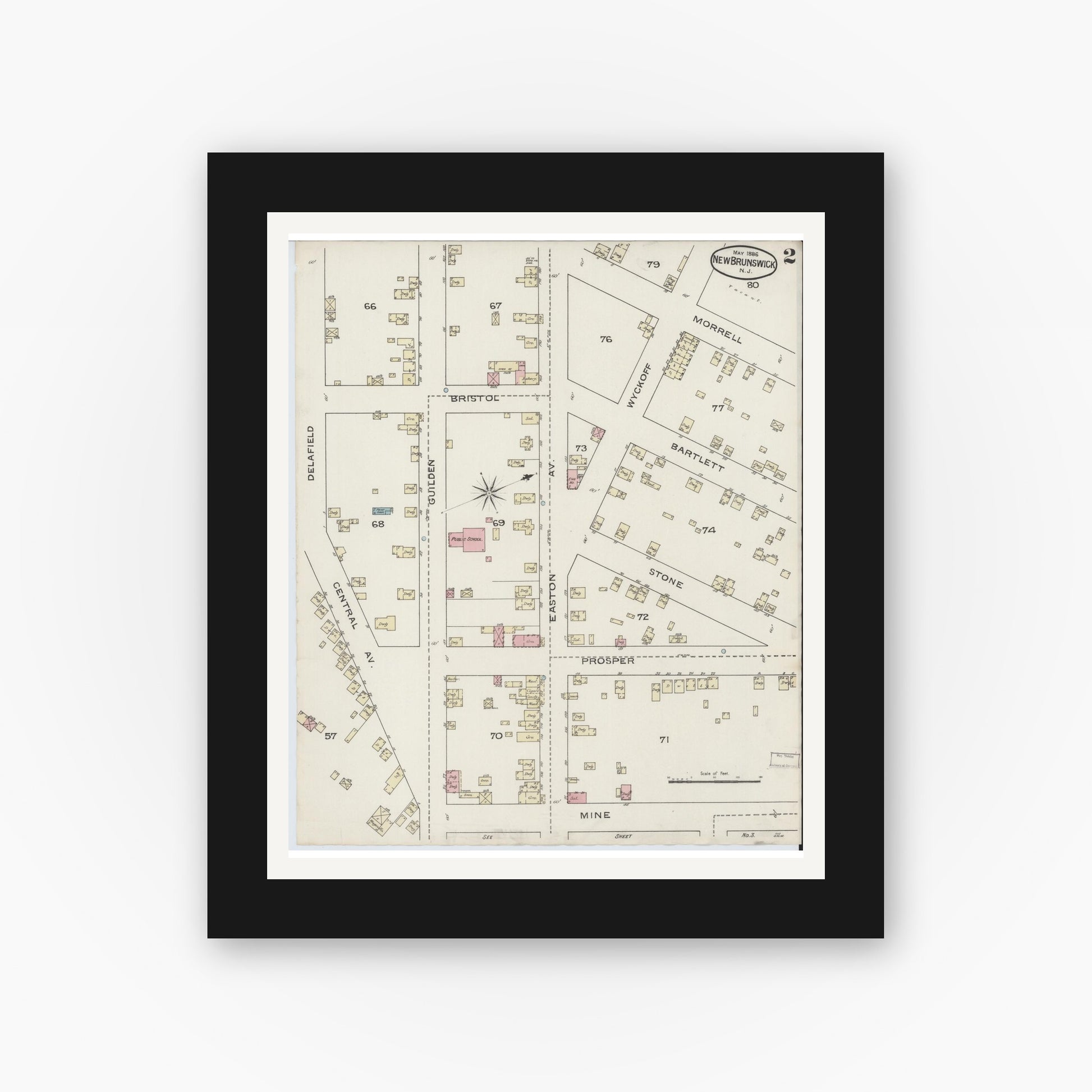 Old map wall art mockup — black gallery frame with white mat — Sanborn Fire Insurance Map from New Brunswick, Middlesex County, New Jersey (1886), Sheet #0002