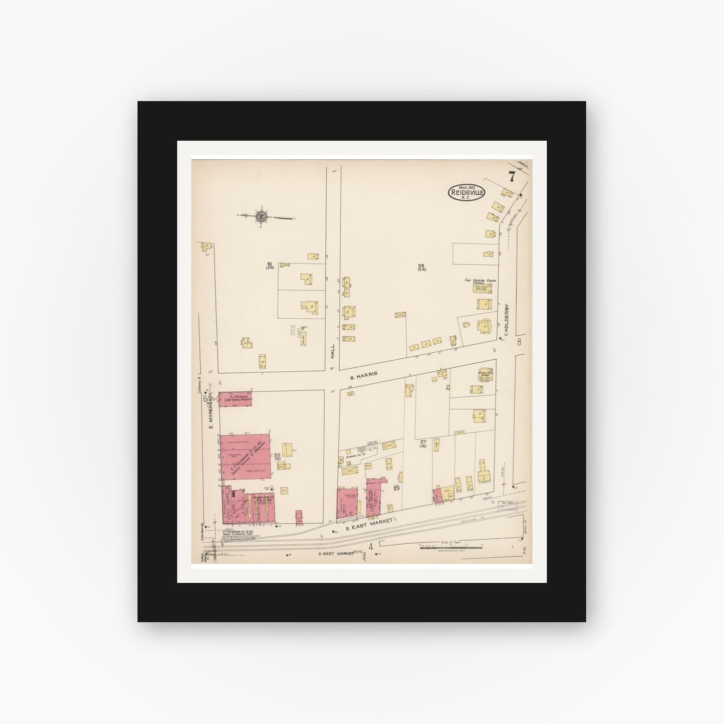 Old map wall art mockup — black gallery frame with white mat — Sanborn Fire Insurance Map from Reidsville, Rockingham County, North Carolina (1922), Sheet #0007