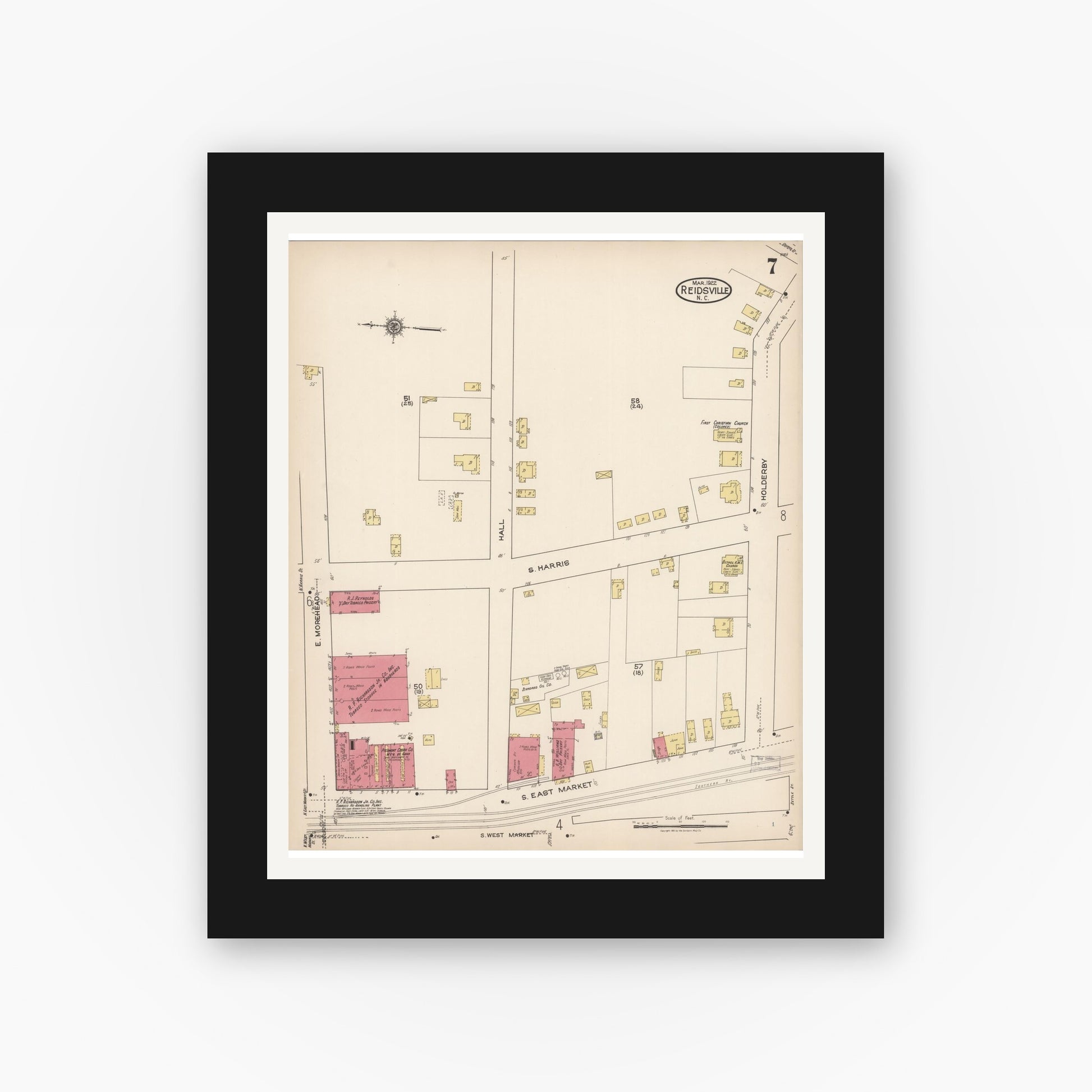 Old map wall art mockup — black gallery frame with white mat — Sanborn Fire Insurance Map from Reidsville, Rockingham County, North Carolina (1922), Sheet #0007