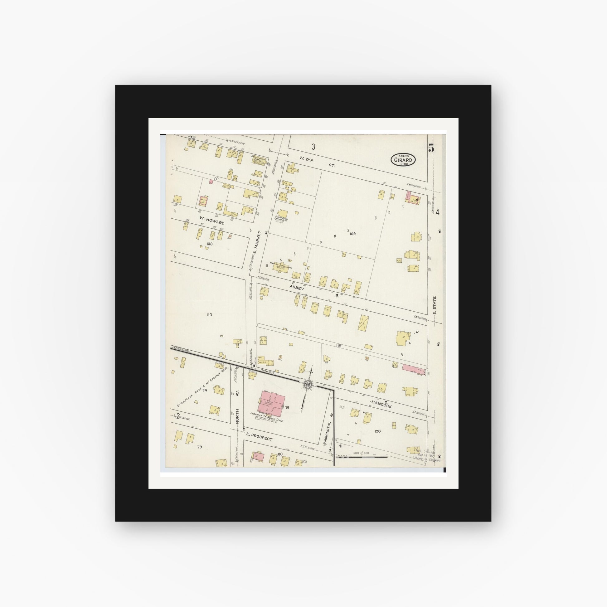 Old map wall art mockup — black gallery frame with white mat — Sanborn Fire Insurance Map from Girard, Trumbull County, Ohio (1915), Sheet #0005