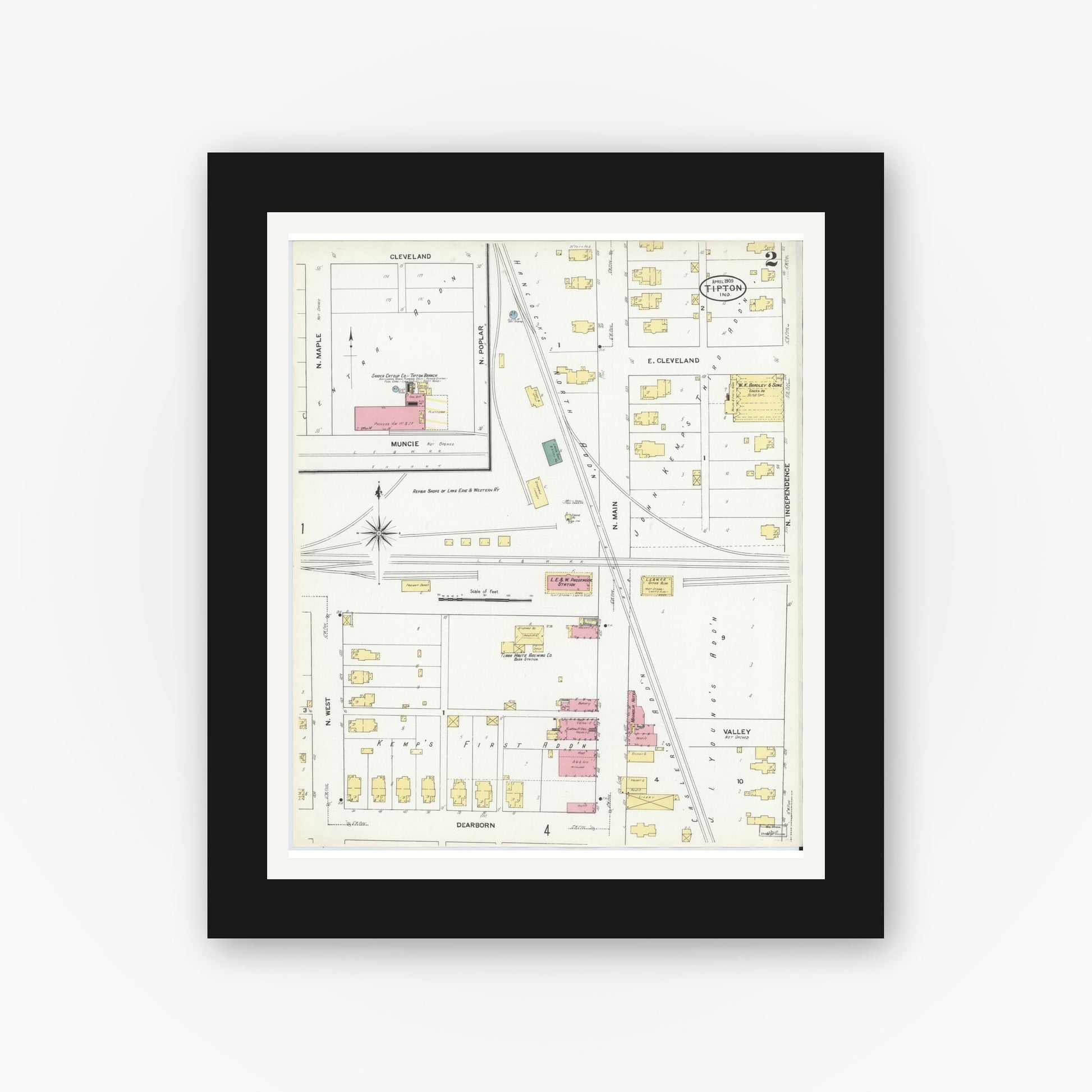 Old map wall art mockup — black gallery frame with white mat — Sanborn Fire Insurance Map from Tipton, Tipton County, Indiana (1909), Sheet #0002