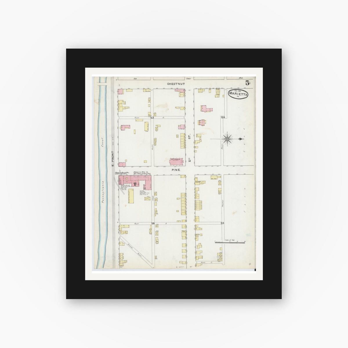Old map wall art mockup — black gallery frame with white mat — Sanborn Fire Insurance Map from Marietta, Lancaster County, Pennsylvania (1891), Sheet #0005