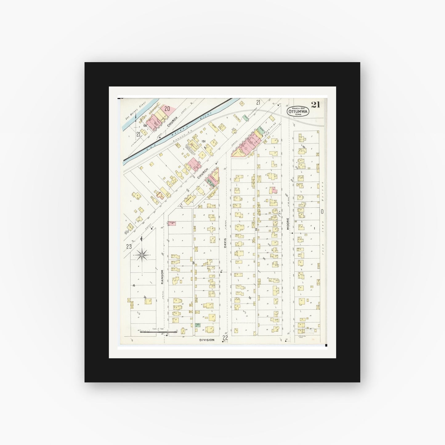 Old map wall art mockup — black gallery frame with white mat — Sanborn Fire Insurance Map from Ottumwa, Wapello County, Iowa (1897), Sheet #0021