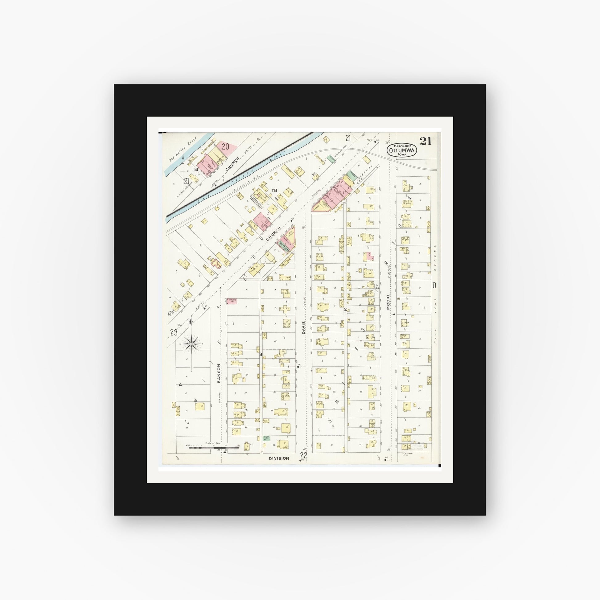 Old map wall art mockup — black gallery frame with white mat — Sanborn Fire Insurance Map from Ottumwa, Wapello County, Iowa (1897), Sheet #0021