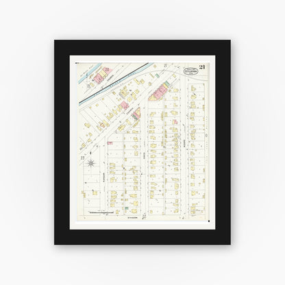 Old map wall art mockup — black gallery frame with white mat — Sanborn Fire Insurance Map from Ottumwa, Wapello County, Iowa (1897), Sheet #0021