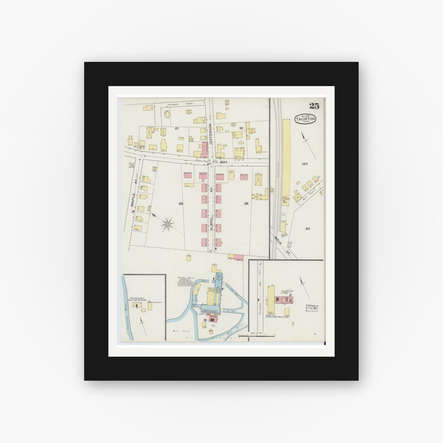 Old map wall art mockup — black gallery frame with white mat — Sanborn Fire Insurance Map from Taunton, Bristol County, Massachusetts (1893), Sheet #0025