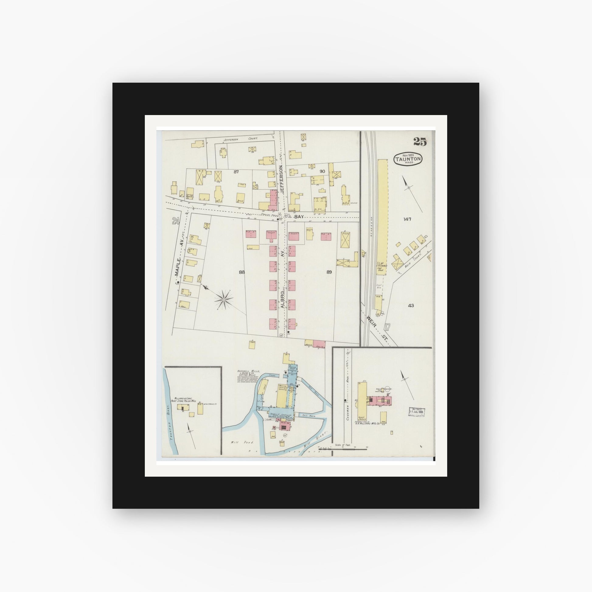 Old map wall art mockup — black gallery frame with white mat — Sanborn Fire Insurance Map from Taunton, Bristol County, Massachusetts (1893), Sheet #0025