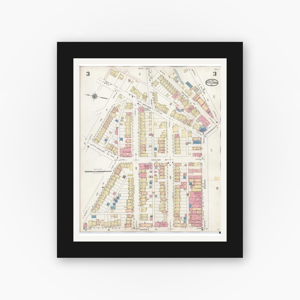 Old map wall art mockup — black gallery frame with white mat — Sanborn Fire Insurance Map from Pitcairn, Allegheny County, Pennsylvania (1948), Sheet #0003